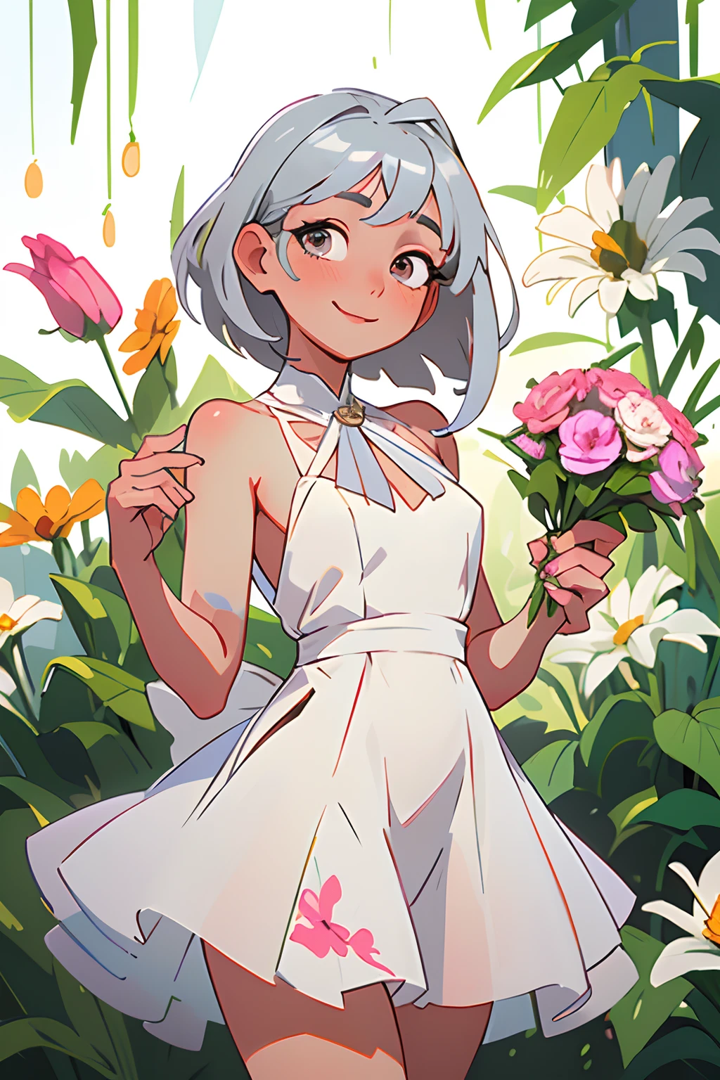 (Masterpiece, Best quality), 1girll, Beautiful face, Complete legs，silber hair、short-hair、Inner buckle hair、ssmile、White slip dress，Holding flowers in both hands，Face the lens