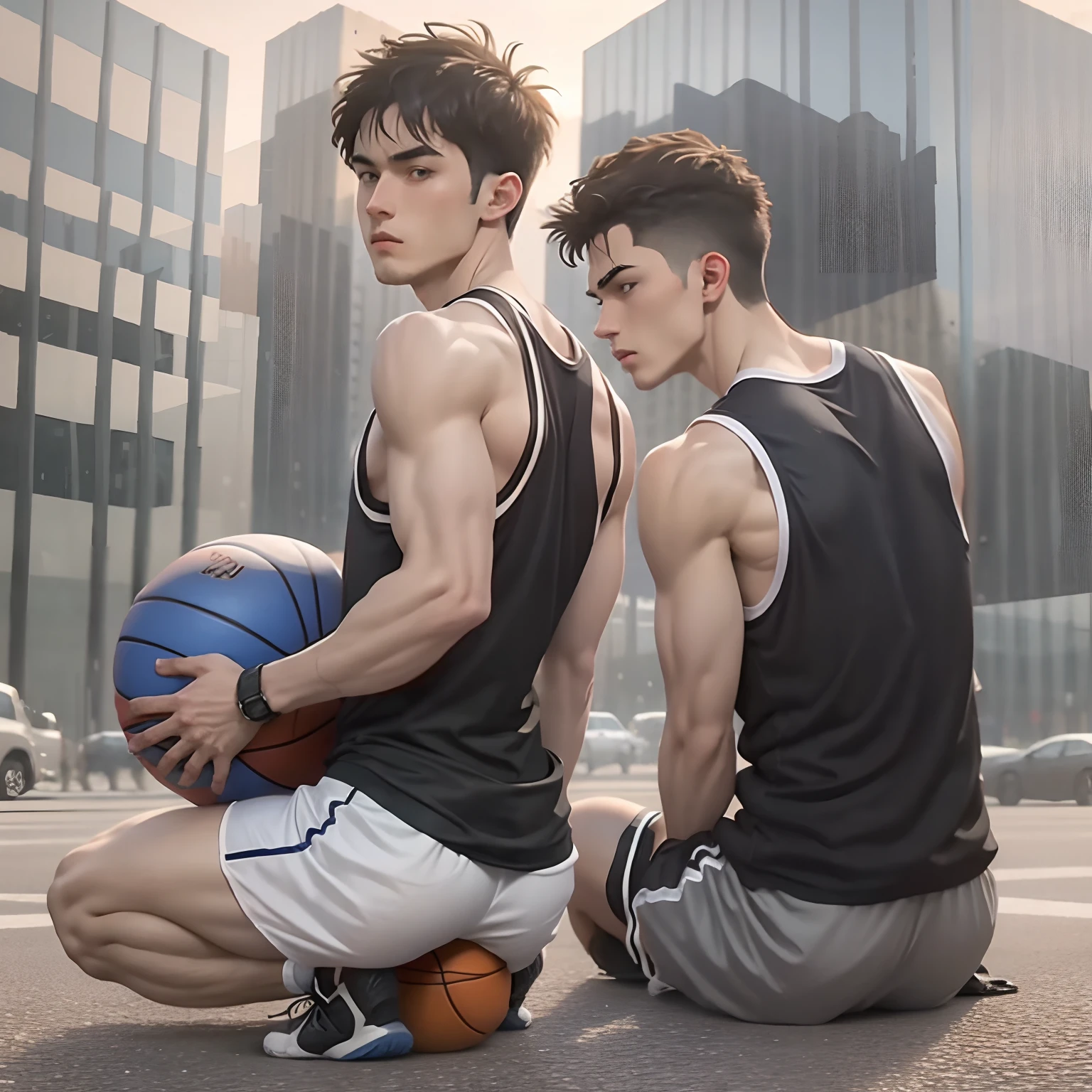 nude body, Korean , basketball athletic, shirtless, , small and thin body,orange underwear, in Seoul court , people in background.