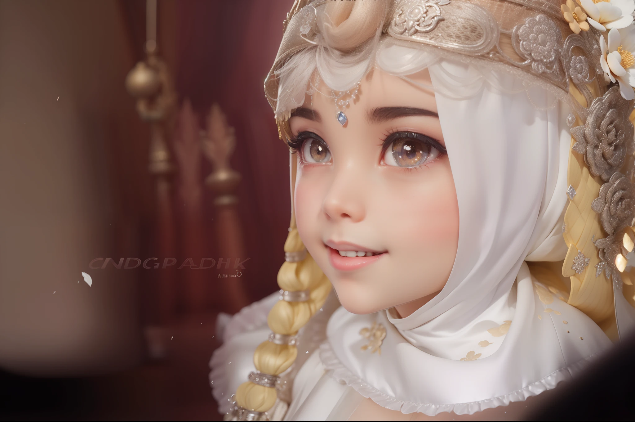 1girl,wedding dress,Indonesian wedding,
Sundanese, Law near and far, depth of field: 1.5), beautiful face, Photorealistic, film grain, chromatic aberration, high resolution, very detailed, fine detail, Dramatic Lighting, shadows, highly detailed eyes and face, Round pupils、 Realistic pupils, hair covered with hijab, white hijab, wedding crown and flowers, beautiful big eyes, alluring smile, a beautiful smile, beautiful big eyes, animation style rendering, cute 3D rendering, small characters. Unreal Engine 5, stylized anime, cute detailed digital art, Atey Ghailan 8 K, stylized 3D rendering, adventure surreal rendering, anime style 3D, stylized 3D rendering, facing sideways