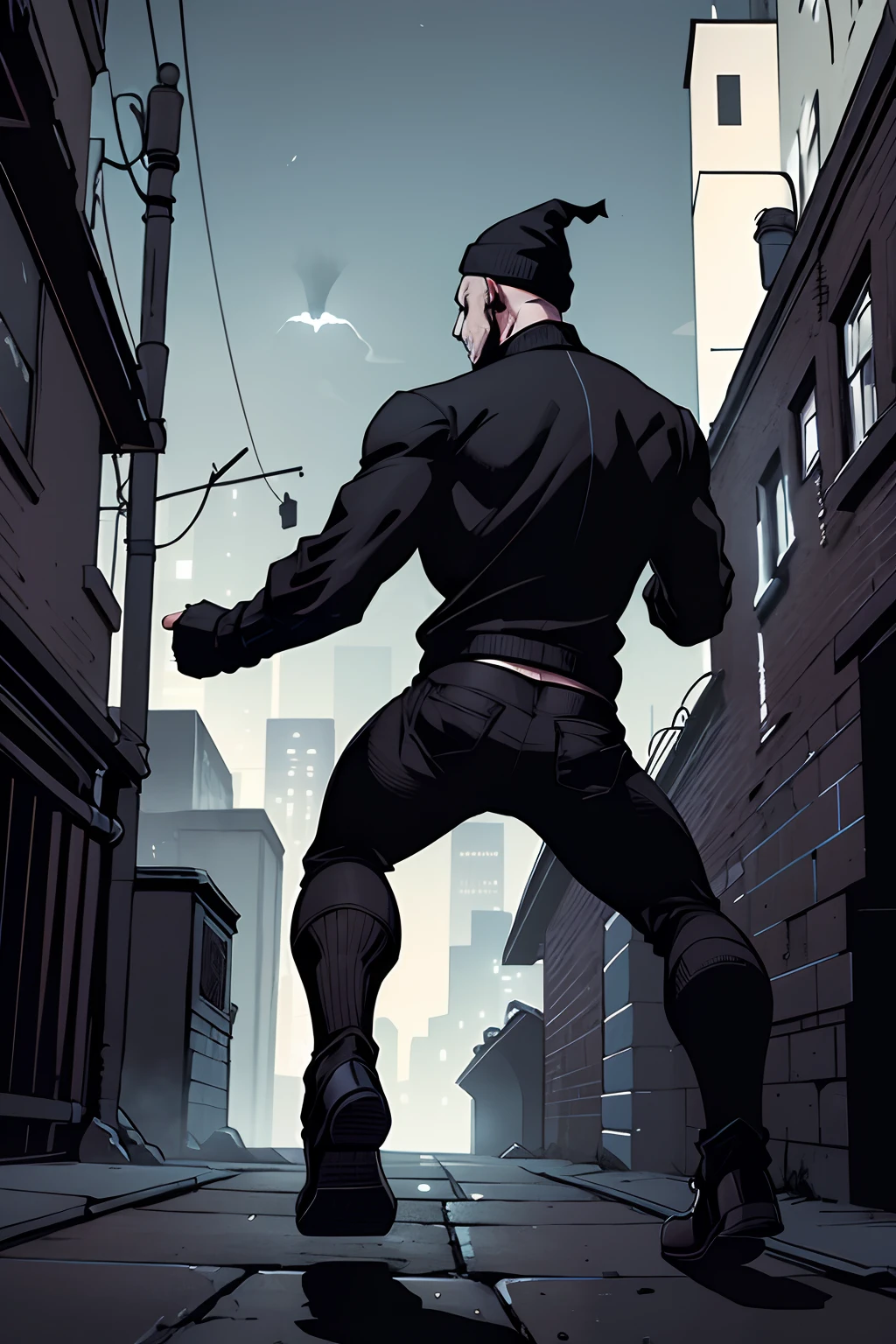 backside view, man, robber, wearing a black sweater, black beanie hat, bald, creepy scream, running, gotham city alley background, night time