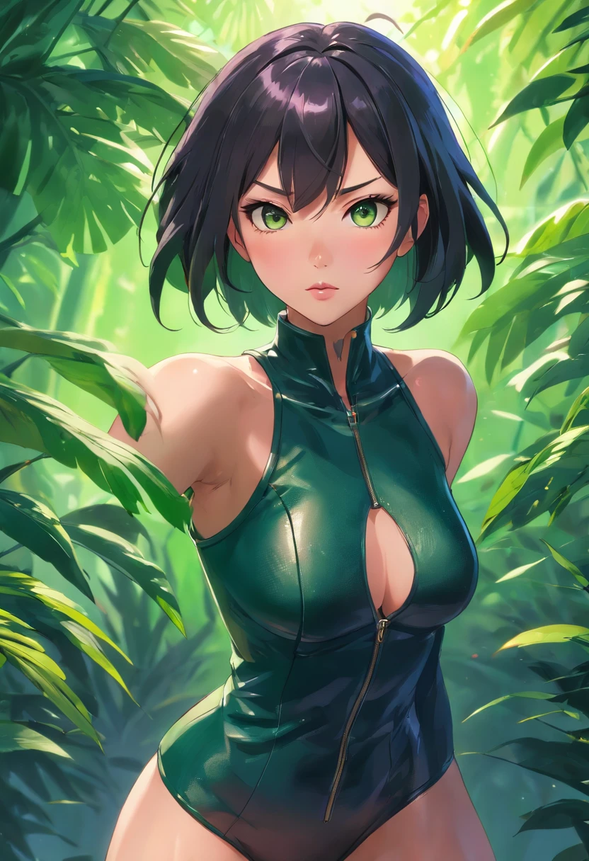 (best quality,4k,8k,highres,masterpiece:1.2),ultra-detailed,(realistic,photorealistic,photo-realistic:1.37),Juri from SFVI,woman with short black hair, wearing leather clothing, black and green outfit,vibrant colors, dynamic lighting, toxic atmosphere,lush garden background,posing in a powerful stance,fierce expression,endless movement,emphasizing strength and agility,sharp focus on her detailed eyes,beautiful detailed lips,detailed muscles and body contours,strong presence,ominous aura,rich textures,gorgeous skin,subtle reflection on her leather outfit,aesthetic composition,evoking a sense of danger and elegance,impressive sense of depth,immaculate attention to detail,vibrant colors contrasted with deep shadows,concept art style,effortlessly blending reality and fantasy,immersing viewers in a thrilling world,perfectly capturing Juri's menacing charm and lethal beauty.