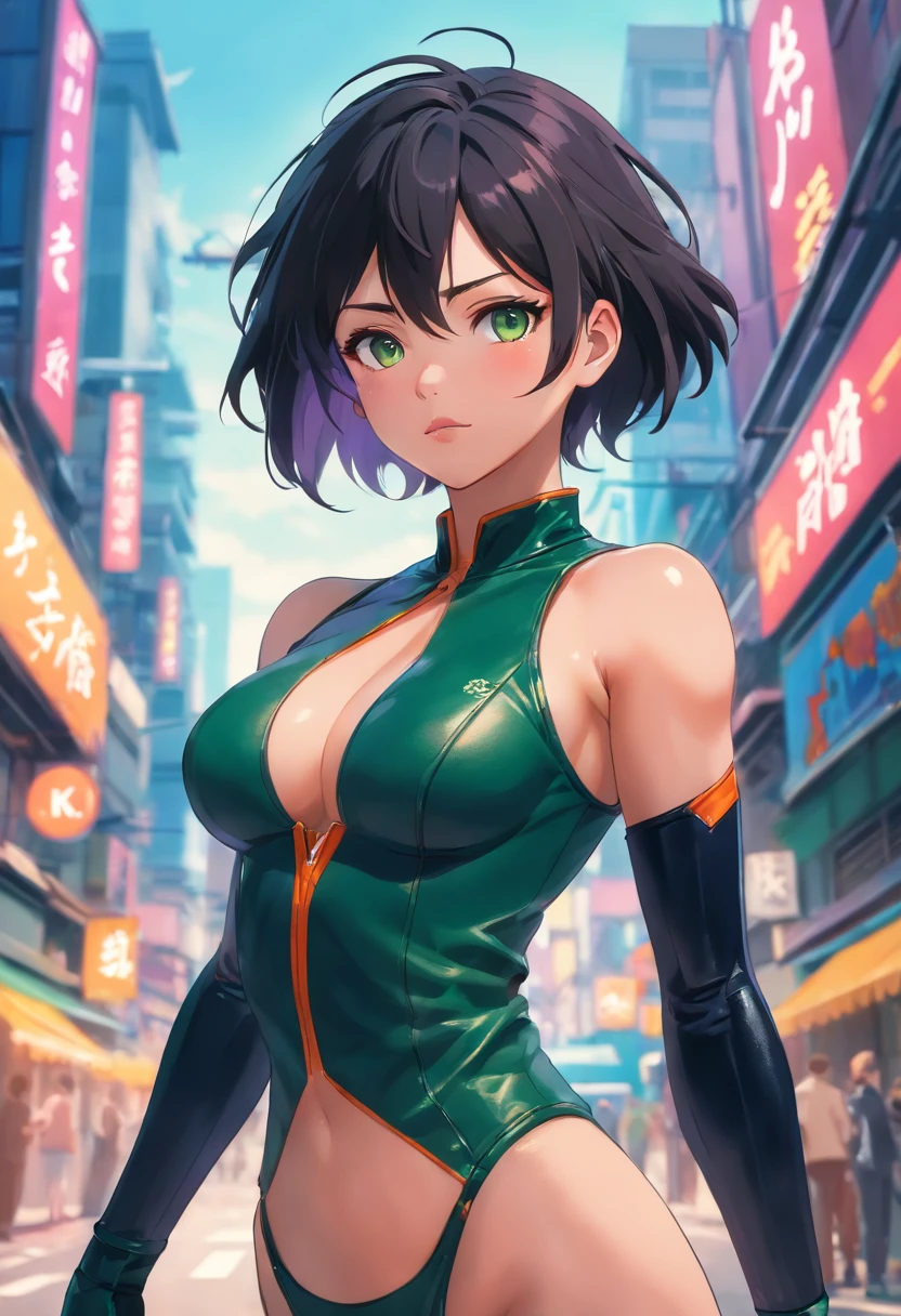 (best quality,4k,8k,highres,masterpiece:1.2),ultra-detailed,(realistic,photorealistic,photo-realistic:1.37),Juri from SFVI,woman with short black hair, wearing leather clothing, black and green outfit,vibrant colors, dynamic lighting, toxic atmosphere,lush garden background,posing in a powerful stance,fierce expression,endless movement,emphasizing strength and agility,sharp focus on her detailed eyes,beautiful detailed lips,detailed muscles and body contours,strong presence,ominous aura,rich textures,gorgeous skin,subtle reflection on her leather outfit,aesthetic composition,evoking a sense of danger and elegance,impressive sense of depth,immaculate attention to detail,vibrant colors contrasted with deep shadows,concept art style,effortlessly blending reality and fantasy,immersing viewers in a thrilling world,perfectly capturing Juri's menacing charm and lethal beauty.