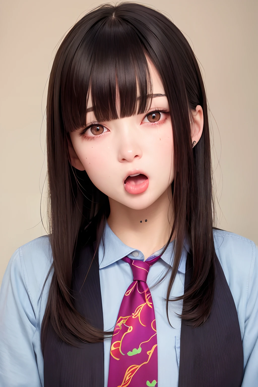 Photo Real、photoRealstic、girl1 A dark-haired、Blunt bangs、dishevled hair At the back of the throat、Figurine in the mouth Acme face、panting、ahe face、put out the tongue、droolng、dripping saliva shirt、neck tie Faces close、Facial Close-up bedsheet、PILLOWS