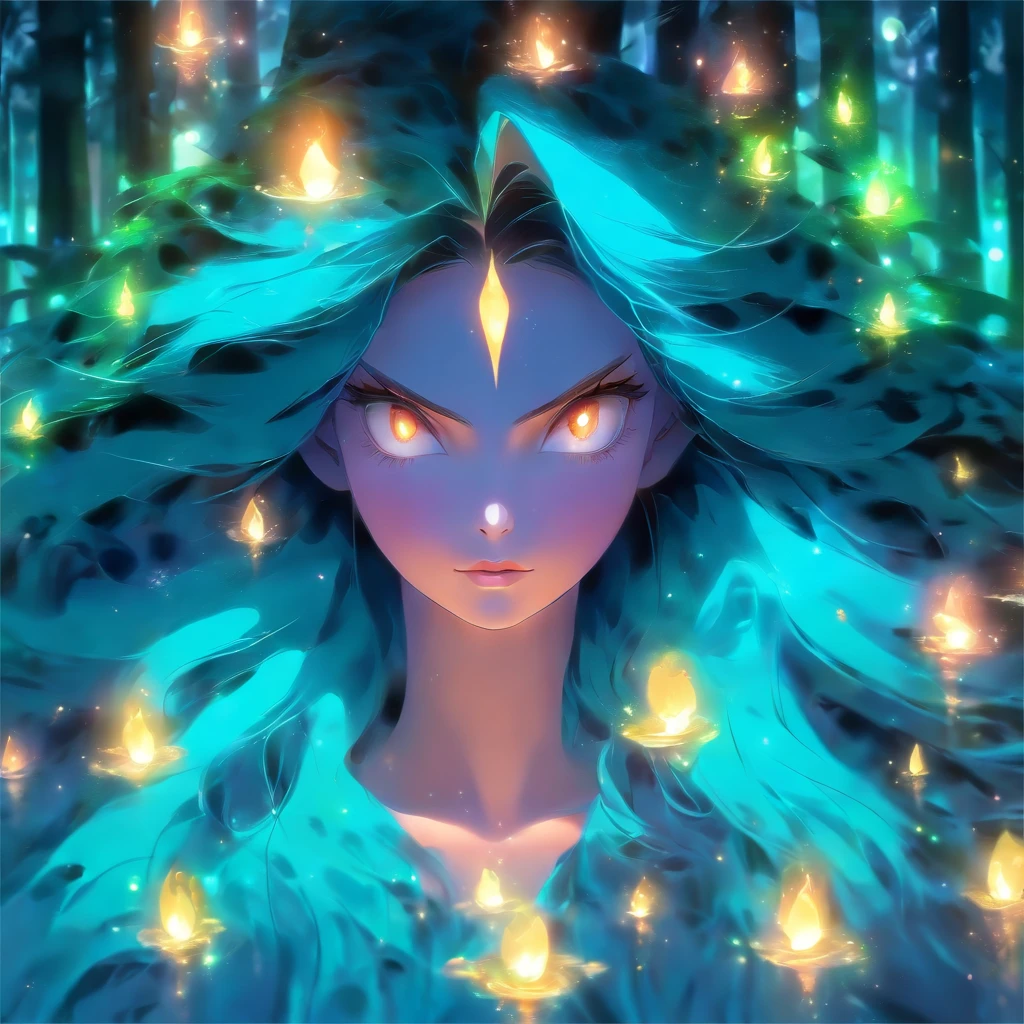 (best quality,highres,ultra-detailed),female with glowing teal eyes,rainbow colored hair,casting glowing spells,mystical forest,witch,goddess,medium:oil painting,beautiful detailed lips,dark and mysterious atmosphere,flowing gown,ethereal light,sorcery and magic,soothing calmness,inspiration from fantasy novels and mythology,enchanted creatures,peaceful and serene background,dream-like setting,vibrant colors and rich textures,creation surrounded by nature,whimsical and mystical elements,harmonious and enchanting ambiance,luminous glow of the spells,graceful and powerful posture,alluring and captivating aura,eyes shining with ancient wisdom,transformation and metamorphosis,unveiling the hidden mysteries of the forest,otherworldly energy and power,feminine strength and elegance,dark and vibrant color palette,soft and delicate brush strokes,exquisite attention to detail,revealing the power of nature and its delicate balance,awakening the mystical connection between humans and the natural world,bringing forth the hidden beauty and secrets of the forest,transcending reality and entering a realm of enchantment and wonder.