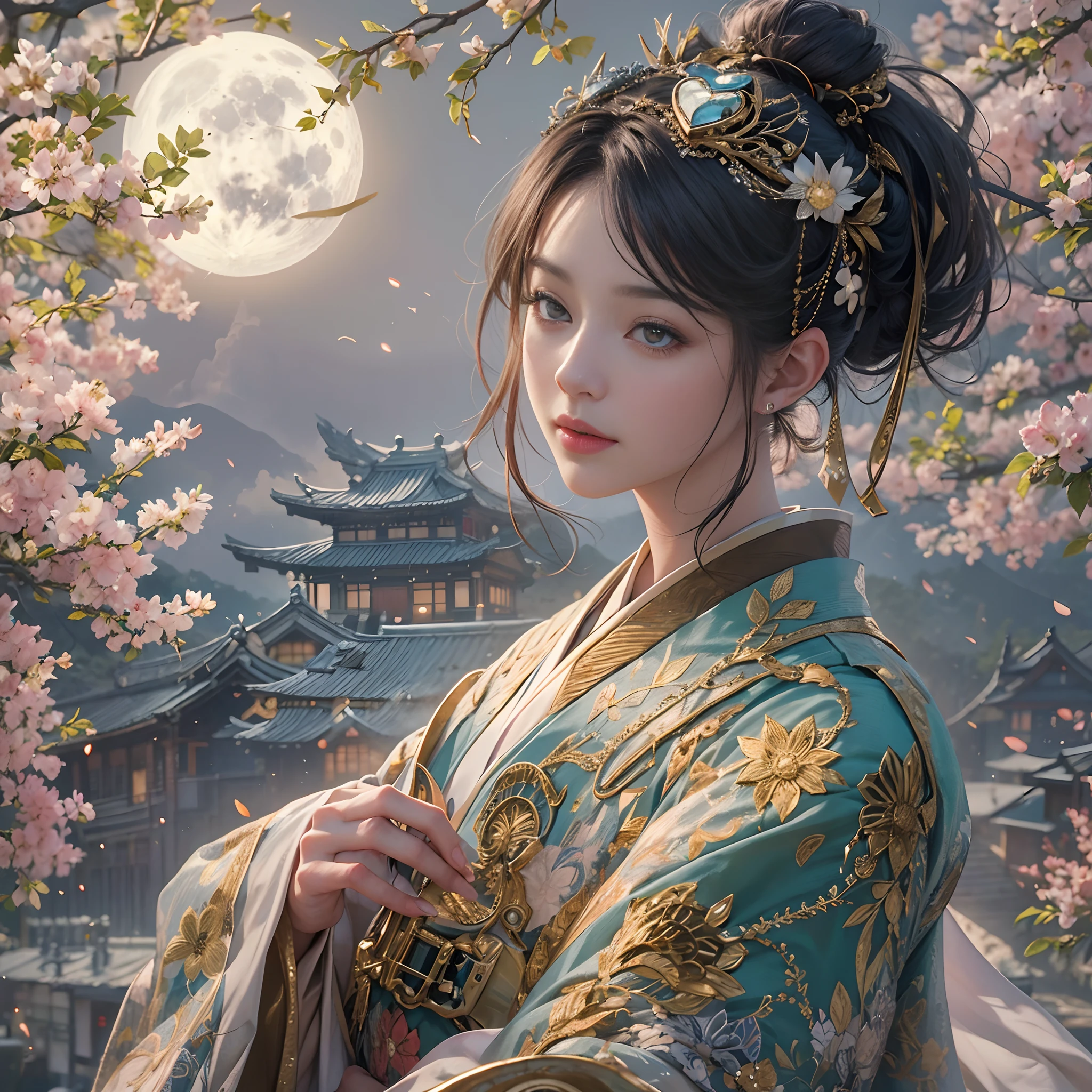watching at viewers、Background with((ancient city:1.2)And the moon、(dense background:1.5))、BREAK {{{Luxury kimono(Colorful kimono(Detailed golden embroidery,))}}}、face perfect,Depict a beautiful and graceful woman of Japan,poneyTail、Woman with shiny black hair、perfect hand,Heart in the eye。odd eye,full body Esbian,Blur the background with a sickle,((masutepiece)), ((Best Quality))Wallpapers 16K, .Blur the background with a sickle,BREAK,((masutepiece)), ((Best Quality)),epicd(Lige Fries Photography、sony a7、50 millimeters、pores:1.5、Farbe、ultra-detailliert:1.5、film grains:1.4、hyper realisitic:1.5)、octan render、 ultra realistic lifelike textures、masterpiece、unrealengine5、the Extremely Detailed CG Unity 8K Wallpapers、Madly detailed photo、Ultra-realistic light、(Pulitzer Prize for Best Photography、Taylor Wessing Award for Best Photography)