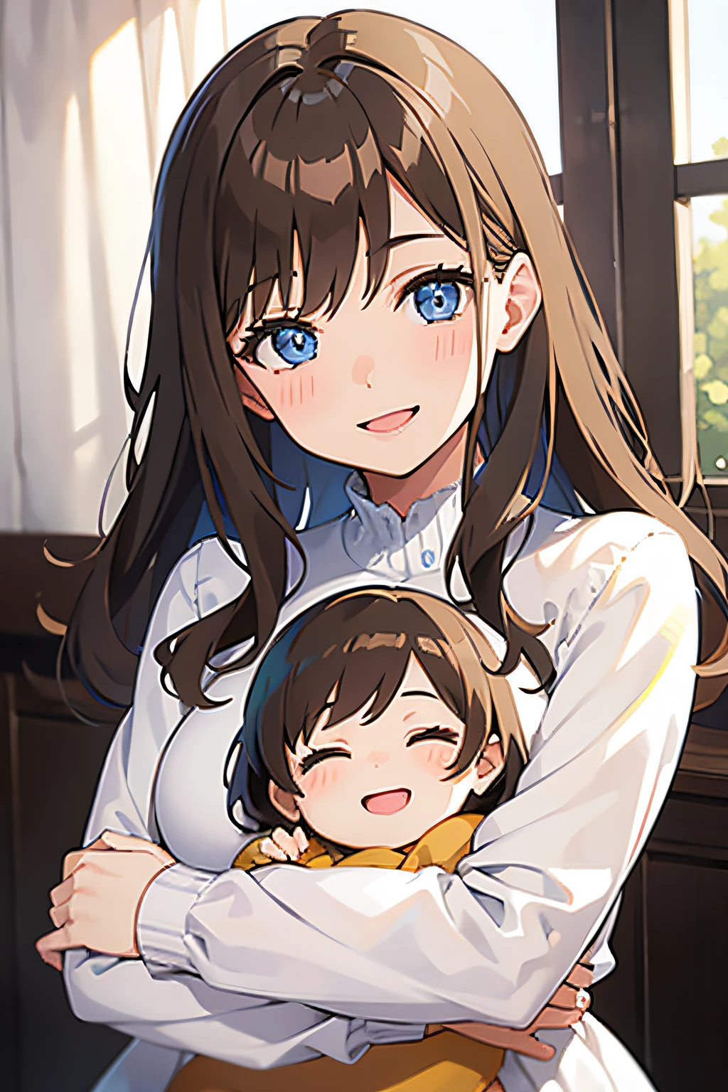 a mother, brown hair, bangs, brown clothes, holding her baby girl, long black hair, bangs, newborn clothes, nursery