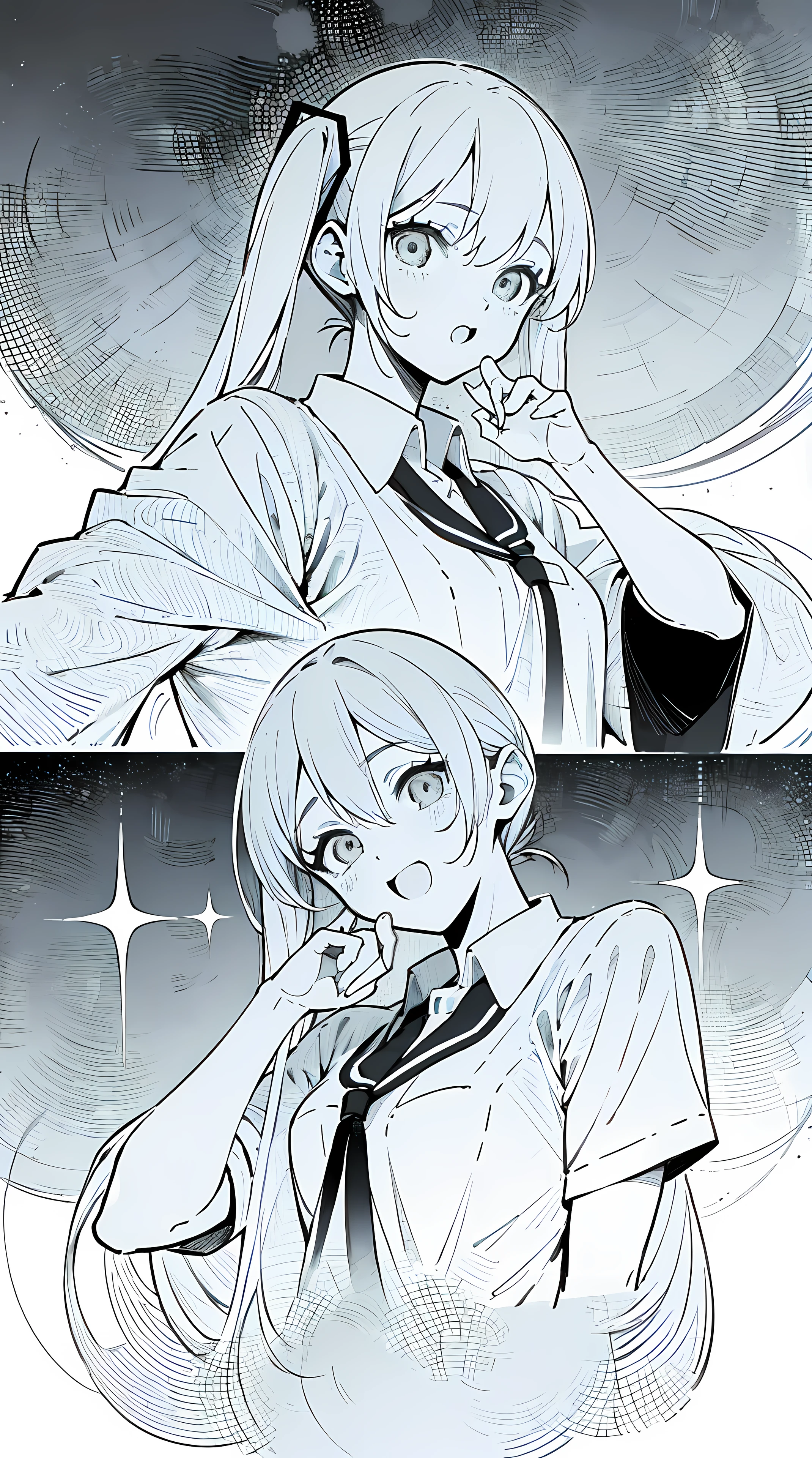 hatsune miku, japanese manga, manga page, high res, ultrasharp, 8k, masterpiece:1.2, manga panel, story, detailed eyes, intricate background, manga style, monochrome, twintail hair, different pose, idol scene, singing pose, extremely fine, detailed hand, schoolgirl uniform