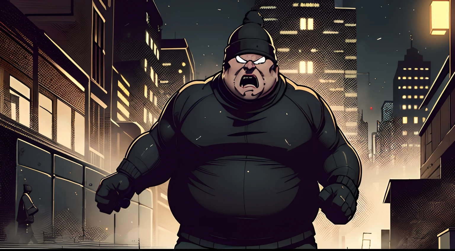 fat man, robber, wearing a black sweater, black beanie hat, bald, creepy face, scared, scream, gotham city alley background, night time