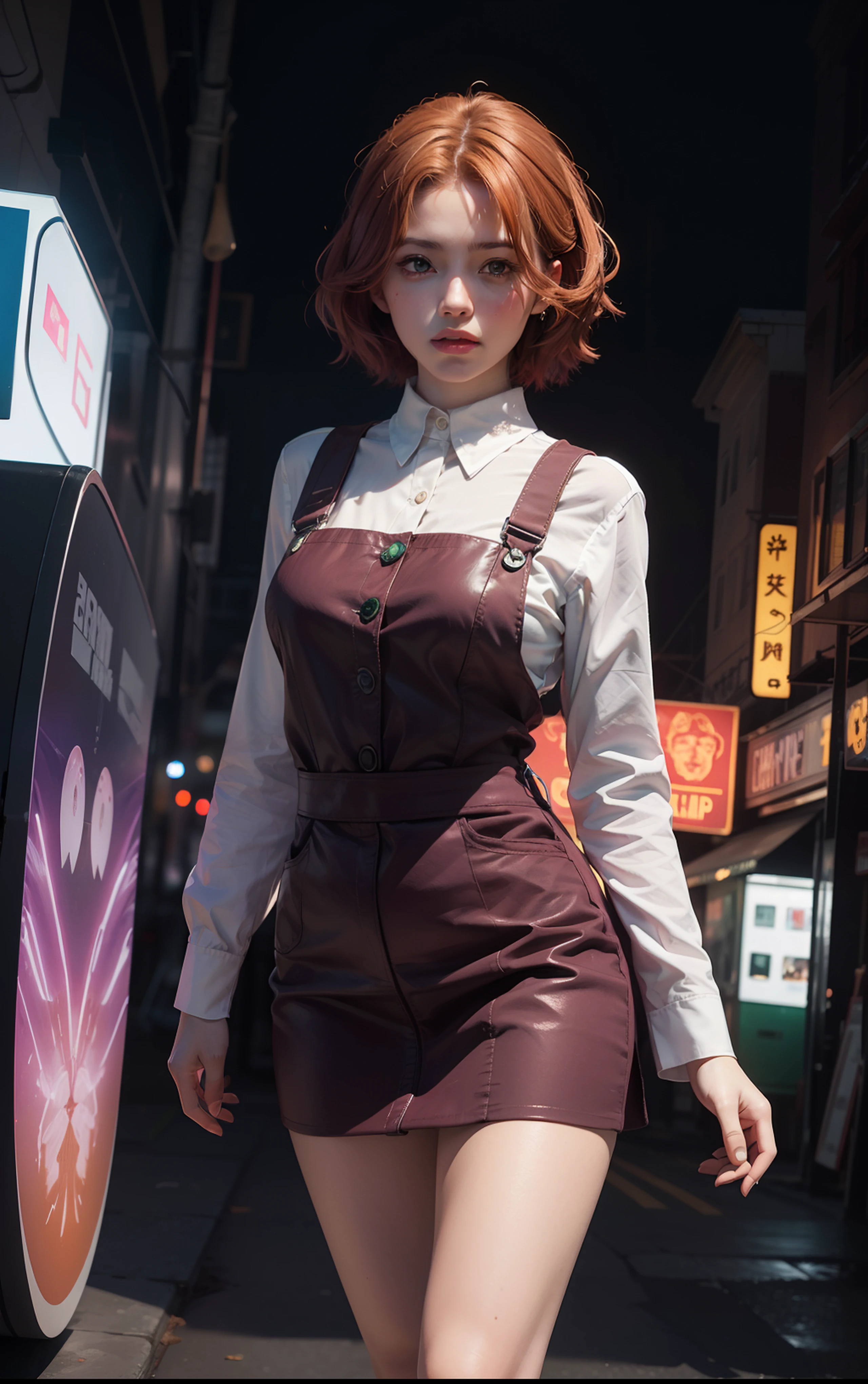 concept art, overhead angle of a Will-o'-the-wisp, wearing Funny Somali Emerald deep orange Pinafore, Caramel hair styled as Short hair, fluorescent purple Hair tie, equirectangular 360, Highres,  [(art by Willi Baumeister:1.1), (art by John T. Biggers:1.2)::17], official art, unity 8k wallpaper, ultra detailed, aesthetic, masterpiece, best quality, photorealistic