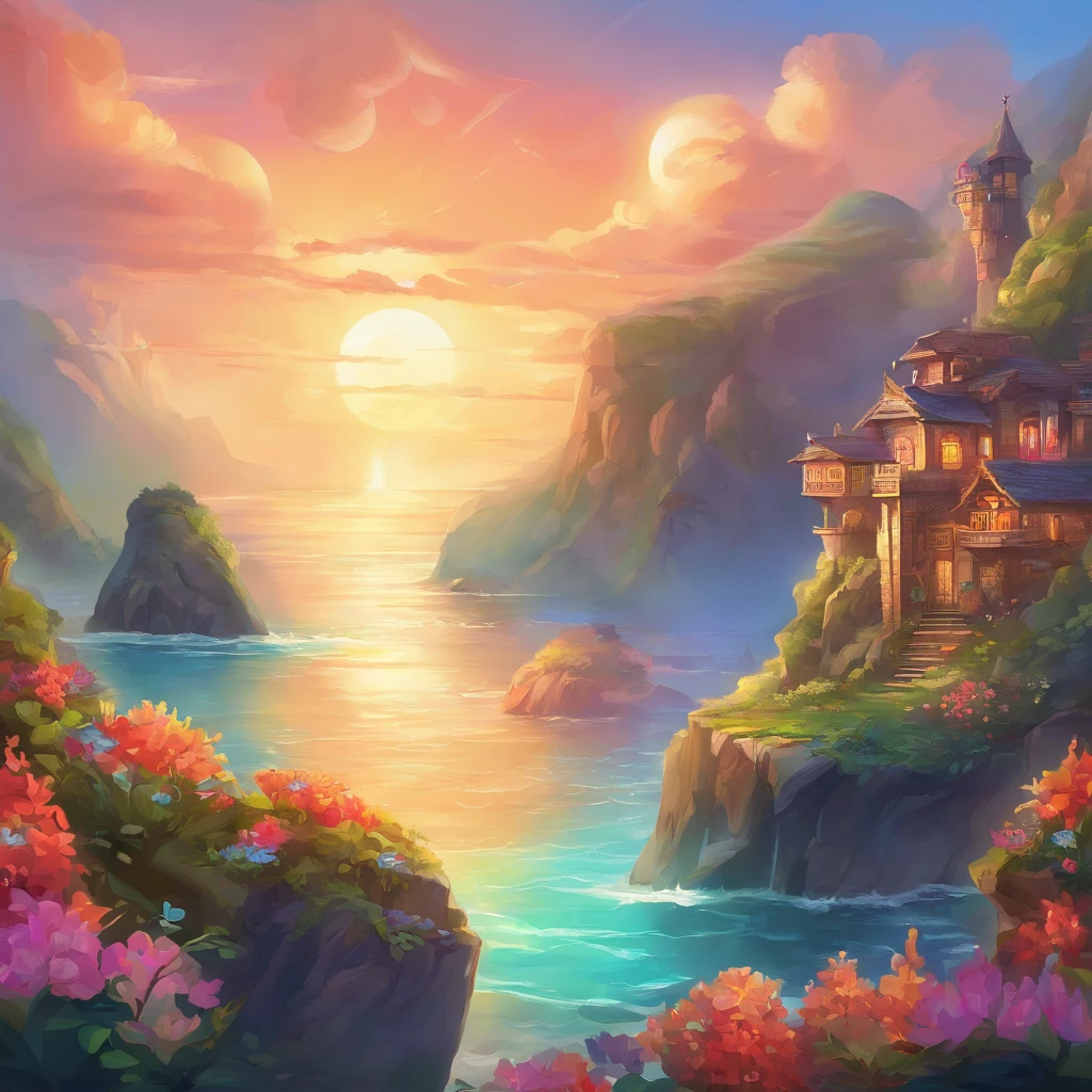 Beautiful ocean view，There are various flowers，There are houses built into high cliffs with platforms and ramps，Cartoon drawing style，​masterpiece，Highest quality, colorful scenery, fantasy world, serene