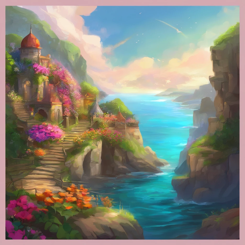 Beautiful ocean view，There are various flowers，There are houses built into high cliffs with platforms and ramps，Cartoon drawing style，​masterpiece，Highest quality, colorful scenery, fantasy world, serene