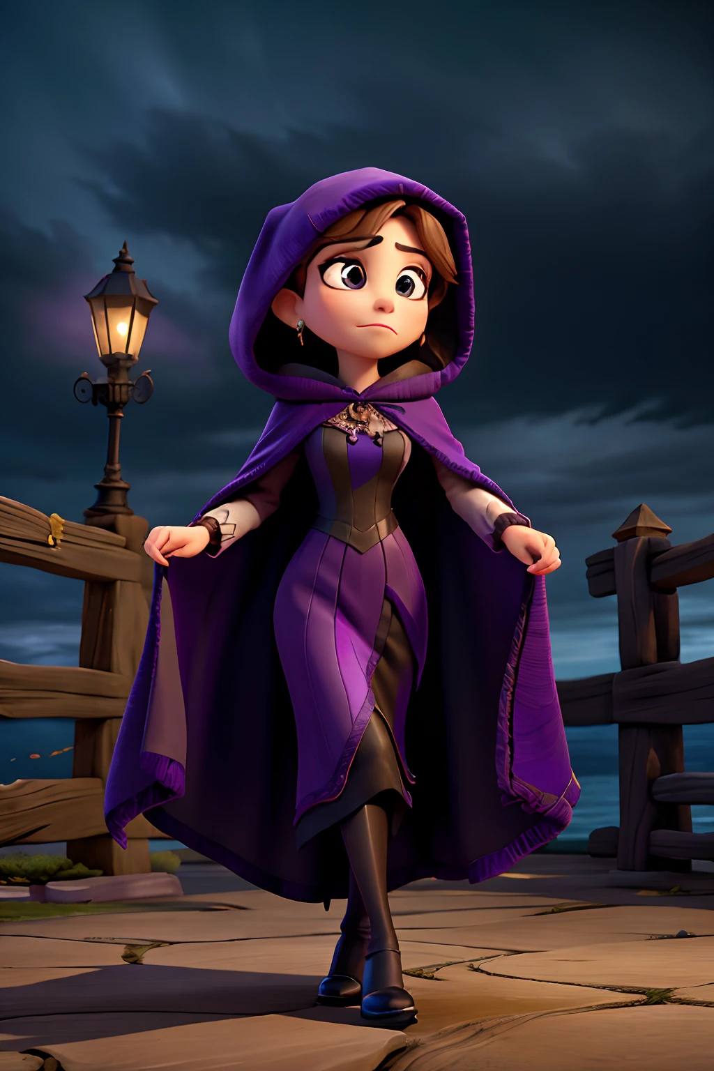 A woman who is a dark and mysterious woman, serious looking, dressed in a dark purple robe with a hood, and a spider web cape, background is dark storm clouds, mood is apprehensive, frustrating, ambiguous, inscrutable, eerie night time light, character design.