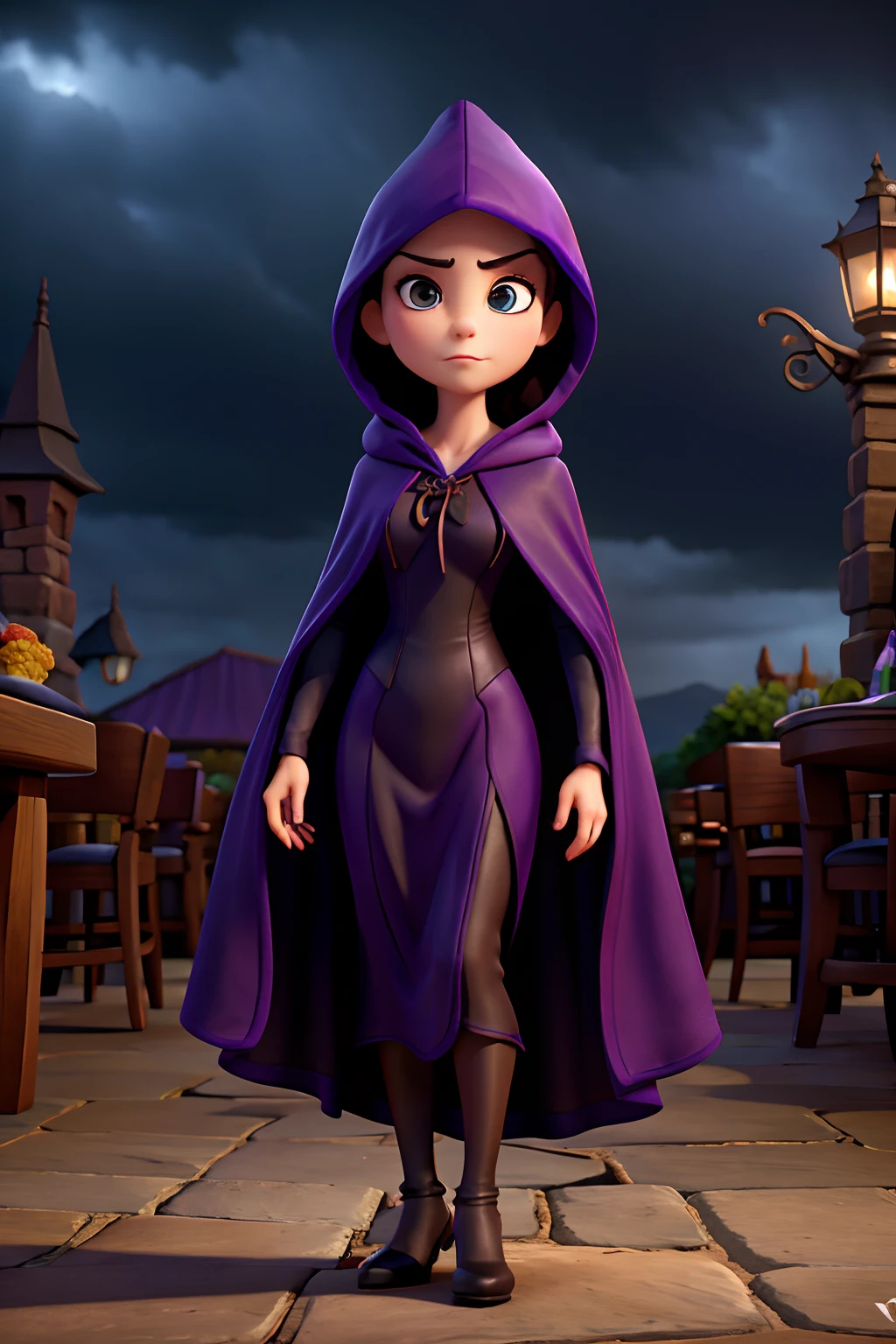 A woman who is a dark and mysterious woman, serious looking, dressed in a dark purple robe with a hood, and a spider web cape, background is dark storm clouds, mood is apprehensive, frustrating, ambiguous, inscrutable, eerie night time light, character design.