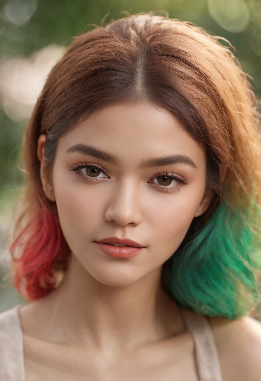 Zendaya photorealistic, ultra-realistic,3D, artstation, cgsociety, 8 k, award-winning photography of a beautiful woman sitting on a bench at the park, (fashion), (multi-color hair:1.2), cheekbones, detailed face, Dark skin tone, African, curvy, no clothing on, (see-through)) top, frill skirt colorful, vibrant, double eyelid,(Gigantic breast:1.5)