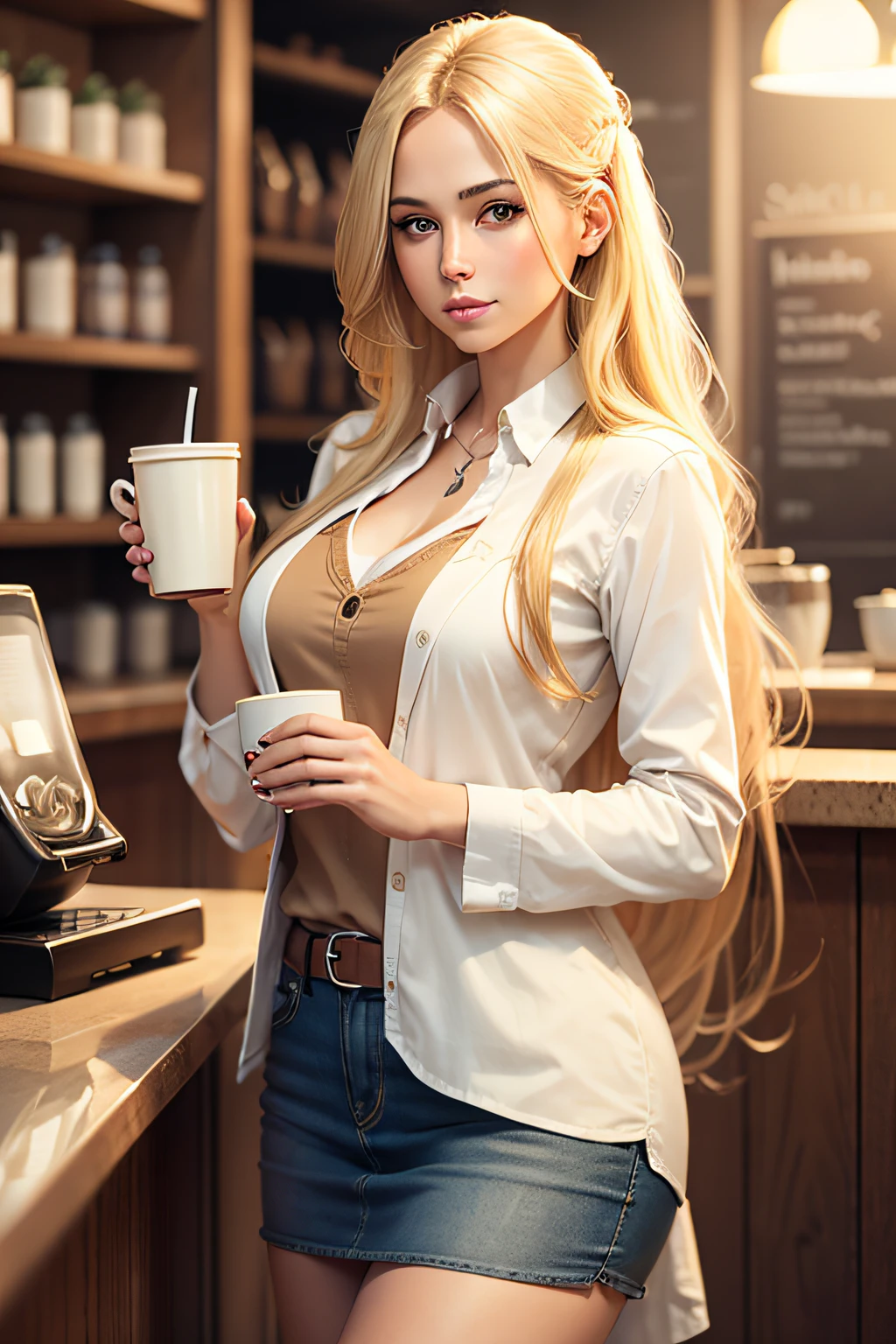 a girl sitting on a chair outside of a coffee shop, (large coffee shop:1.4), (wooden chairs:1.4), (table:1.4), drinking coffee, (coffee mug:1.4), Thick Body, (Long Blond Hair:1.4), Green Eyes, HDR (High Dynamic Range), Ray Tracing, NVIDIA RTX, Super-Resolution, Unreal 5, Subsurface Scattering, PBR Texturing, Post-Processing, Anisotropic Filtering, Depth-Of-Field ,Maximum Clarity And Sharpness, Multi-Layered Textures, Albedo And Specular Maps, Surface Shading, Accurate Simulation Of Light-Material Interaction, Octane Render, Two-Tone Lighting, Low ISO, White Balance, Rule Of Thirds, Wide Aperture, 8K RAW, Efficient Sub-Pixel, Sub-Pixel Convolution, (Luminescent Particles:1.4), {{Masterpiece, Best Quality, Extremely Detailed CG, Unity 8k Wallpaper, 3D, Cinematic Lighting, Lens Flare}}, perfect fingers, perfect clothes,1 tea,two legs, smile,walking