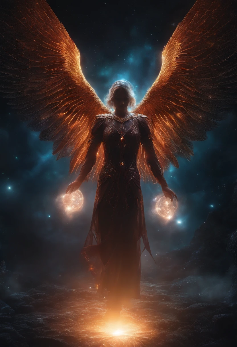 Cosmic Fallen Angel, glowing light eyes, Biomechanical, eerie, Creepy, nightmarish, Very bright colors, Light particles, with light glowing, Mshiff, wallpaper art, UHD wallpaper
