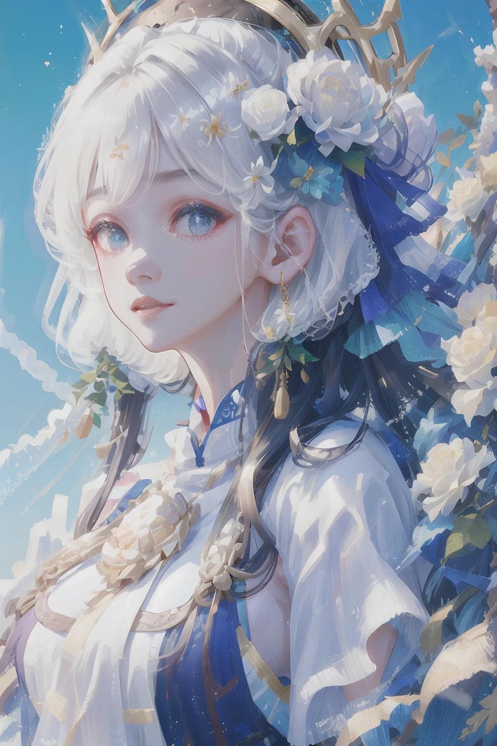 one-girl，There is a white flower on the head，Blue-white hair，white  clothes，blue-sky