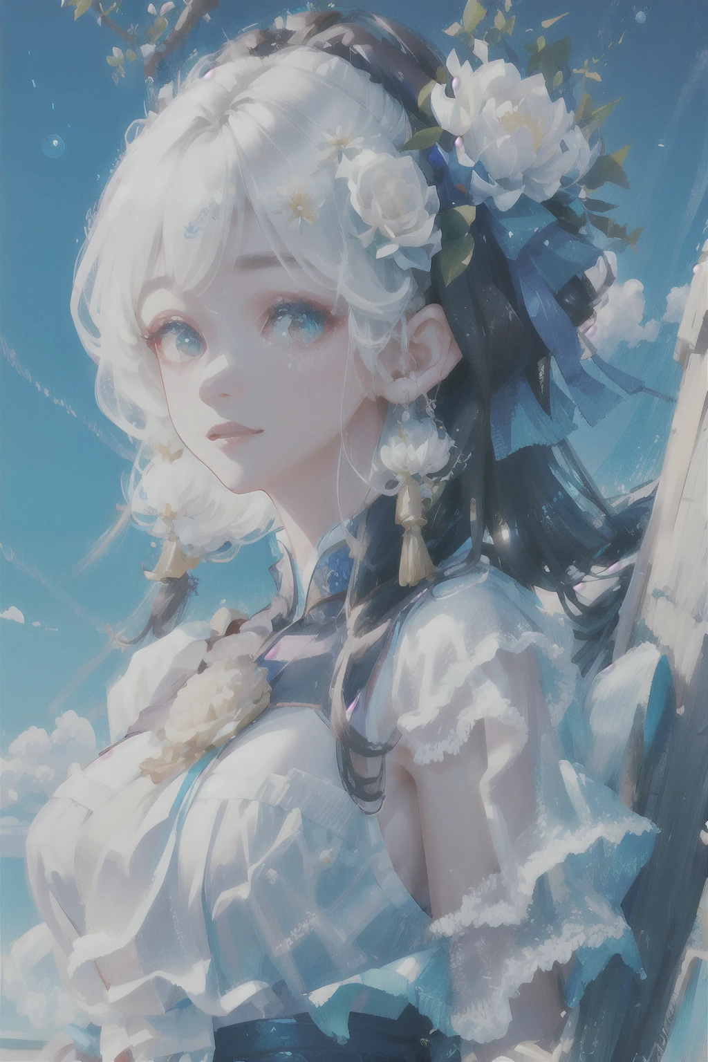 one-girl，There is a white flower on the head，Blue-white hair，white  clothes，blue-sky