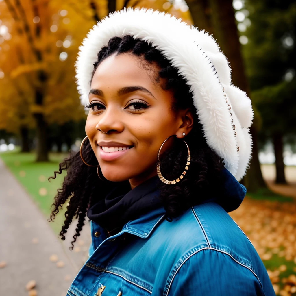 Instagram fille noire, Curly, gros sein, Realstic, afro-american, photographie, real, robe, Yeux verts, porte un chien, boucle d'oreille, peau claire, beau visage, , naturelle, piercings, parc, hiver, automne, assise