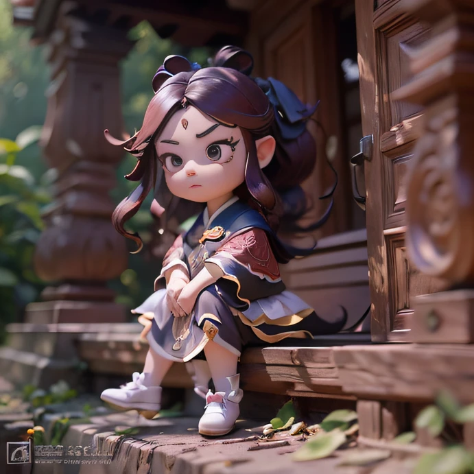 Burgundy comic storyboard style，Taoist fairy，Huangshan people，Delicate burgundy hair，Arm carving，Burgundy hair is everywhere，Delicate gradient shoes，Eye portrayal，Delicate burgundy hair，Popmart blind box，Clay texture，Treading on the ground，Black and white background，natural  lightting，Best quality at best，Hyper-detailing，arte 3D，C4D, OC renderer, a 3D render, 8K，45 degree viewing angle，Multiple expressions，Contemplative，Pondering，doubt，Confused，Startled，expecting，Soundtrack animation