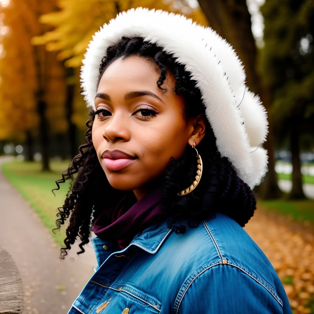 Instagram fille noire, Curly, gros seins, mouth closed, Realstic, afro-american, photographie, real, robe, Yeux verts, porte un chien, boucle d'oreille, peau claire, beau visage, 16 ans, naturelle, piercings, parc, hiver, automne, assise