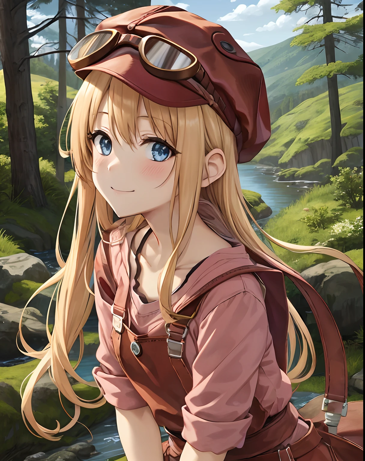 Best Quality, (masutepiece:1.2), Illustration, absurderes,
(1girl in), (Solo), (Beautiful detailed girl), (Upper body, Portrait), 
Tita Russell, Blue eyes, Blonde hair, Long hair, Small breasts, flat chest, Petite,
Red hat, Hats, Hat goggles, PINK SHIRT, red apron, Pink shorts, Black pantyhose, Red shoes,
Smile, blush, Looking at Viewer,
Pine forest, Scandinavian Forest, River, boulders,