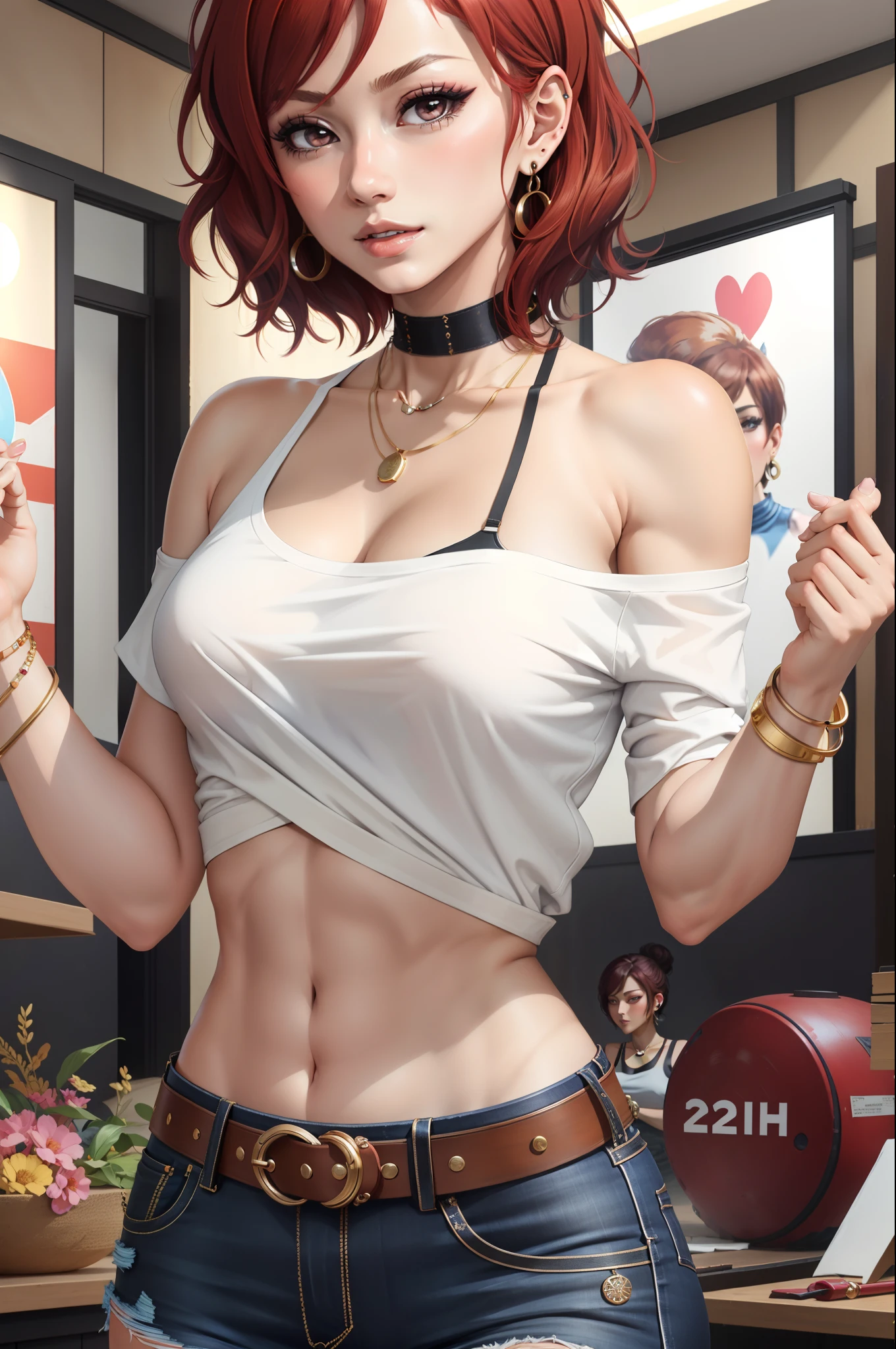 (masterpiece), (best quality), nishikino maki, short hair, hair bun, perfect lighting, stylish, single bare shoulder shirt long, music band print, jewelry, necklace, earrings, armlets, lacey choker, belt, low cut black jeans, thick eyelashes, makeup, eyeshadow, sexy, curvy body,navel