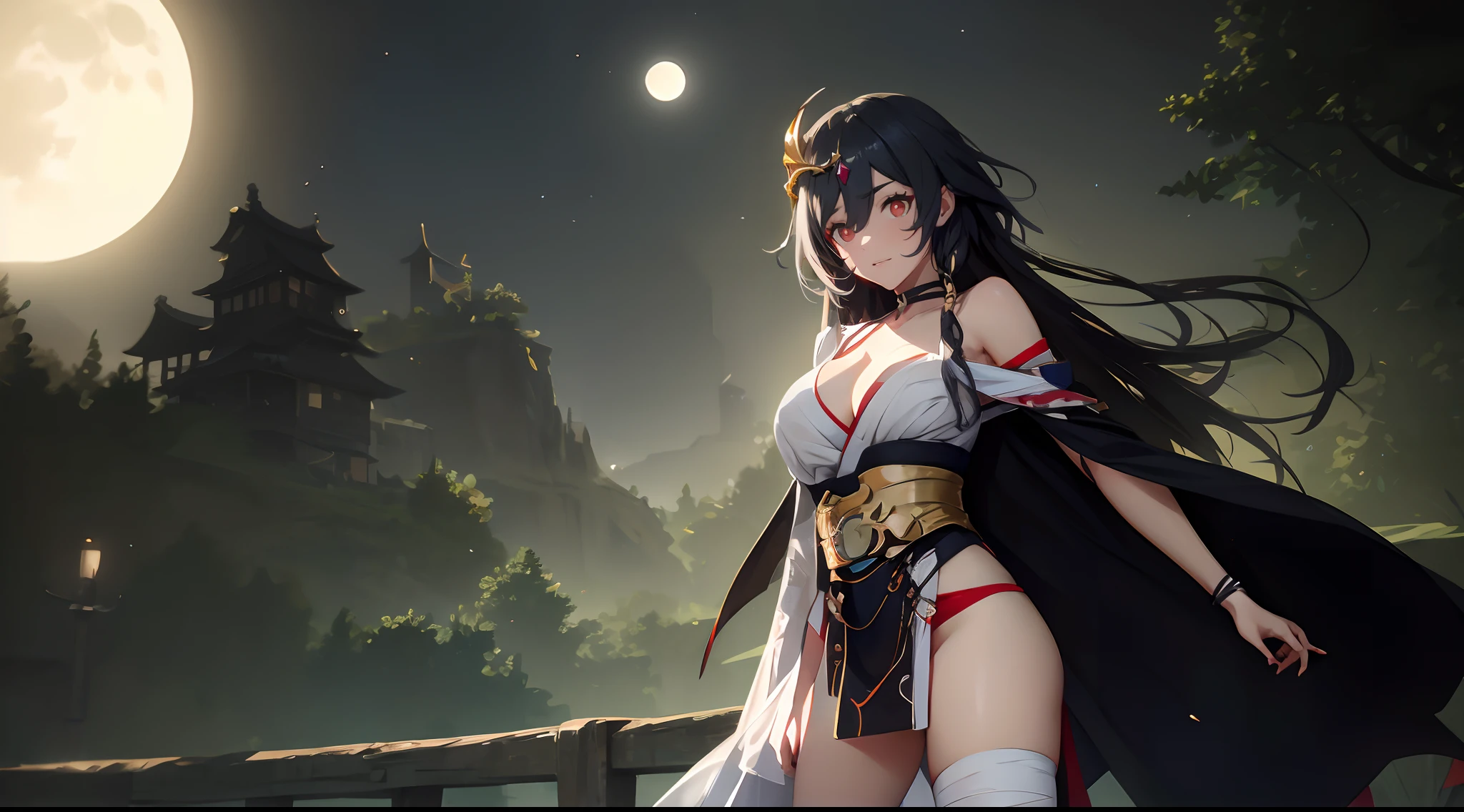 senti, silver hair, red eyes, hair ornament, long_hair, breasts, black_hair, red_eyes, solo, bandages, very_long_hair, sash, looking_at_viewer, standing, cleavage, bandaged_leg, thighhighs, bandaged_arm, hair_between_eyes, bangs, medium_breasts, lips, white_legwear, parted_lips, large_breasts, groin, moon, thighs, cowboy_shot, obi, full_moon, makeup, japanese_clothes, outdoors, vampire