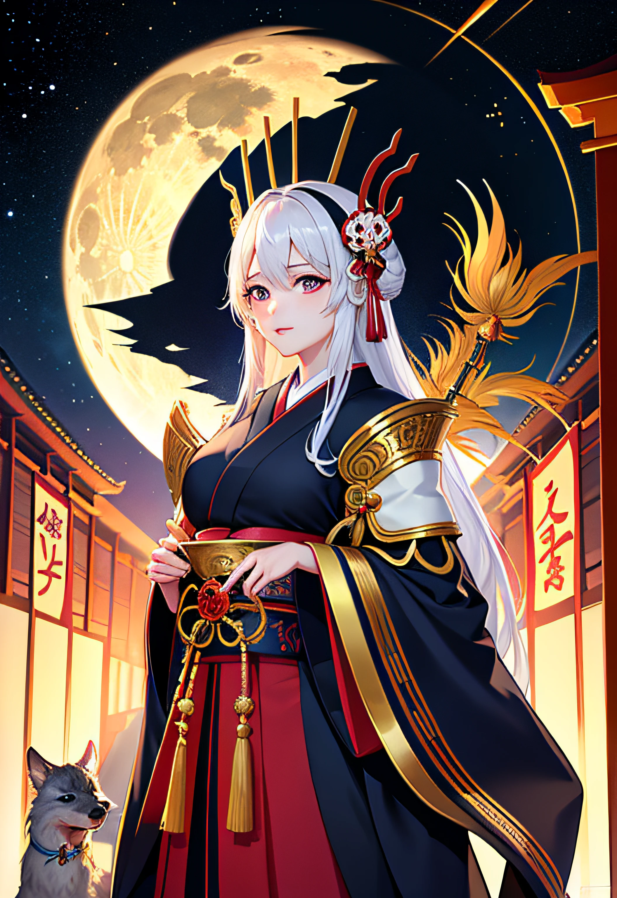 (masterpiece、top-quality、top-quality、Official art、Beautifully Aesthetic:1.2)、(1girl in)、ighly detailed、(Fractal Art:1.3)、colourfull、highestdetailed Tsukiyomi Dojin, Tsukiyo Mizun, Moon incarnation, Supreme God of Japan, The god of ancient Japan and the deification of the moon. Ancestors of the Emperor of the Japan, Shinto deity of Japan, Amaterasu's sister, The background is a shrine of Japan