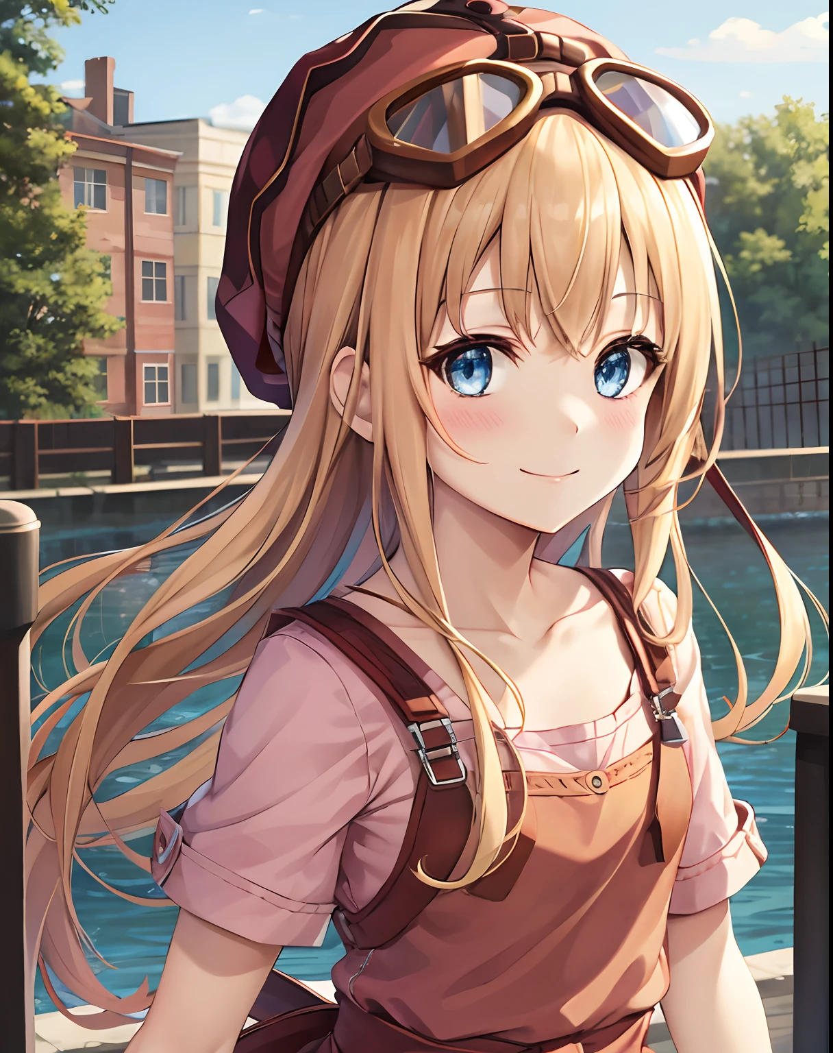 Best Quality, (masutepiece:1.2), Illustration, absurderes,
(1girl in), (Solo), (Beautiful detailed girl), (Upper body, Portrait), 
Tita Russell, Blue eyes, Blonde hair, Long hair, Small breasts, flat chest, Petite,
Red hat, Hats, With goggles, PINK SHIRT, red apron, Pink shorts, Black pantyhose, Red shoes,
Smile, blush, Looking at Viewer,
schools,