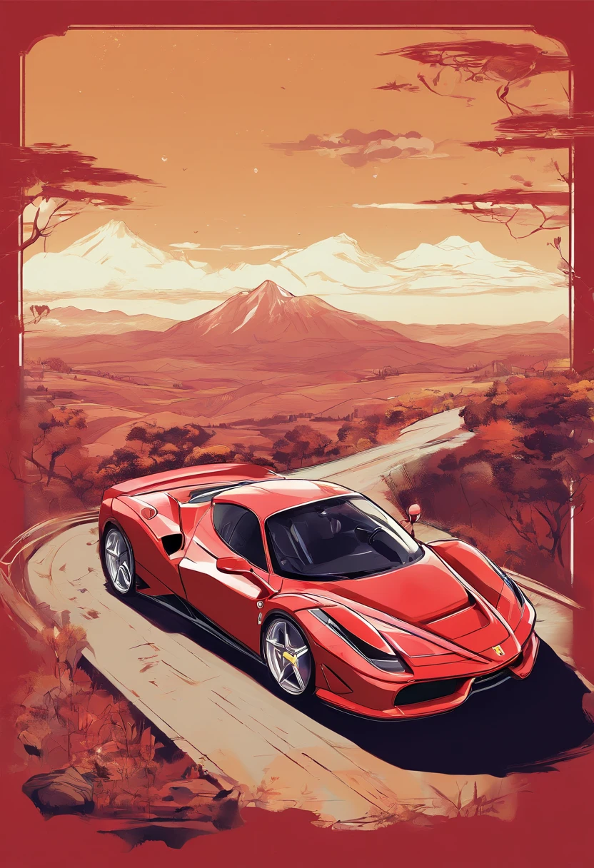 T-shirt design, genshin impact graphic, vector, a ferrari enzo with a scenic landscape in the background, detailed illustration, and retro style