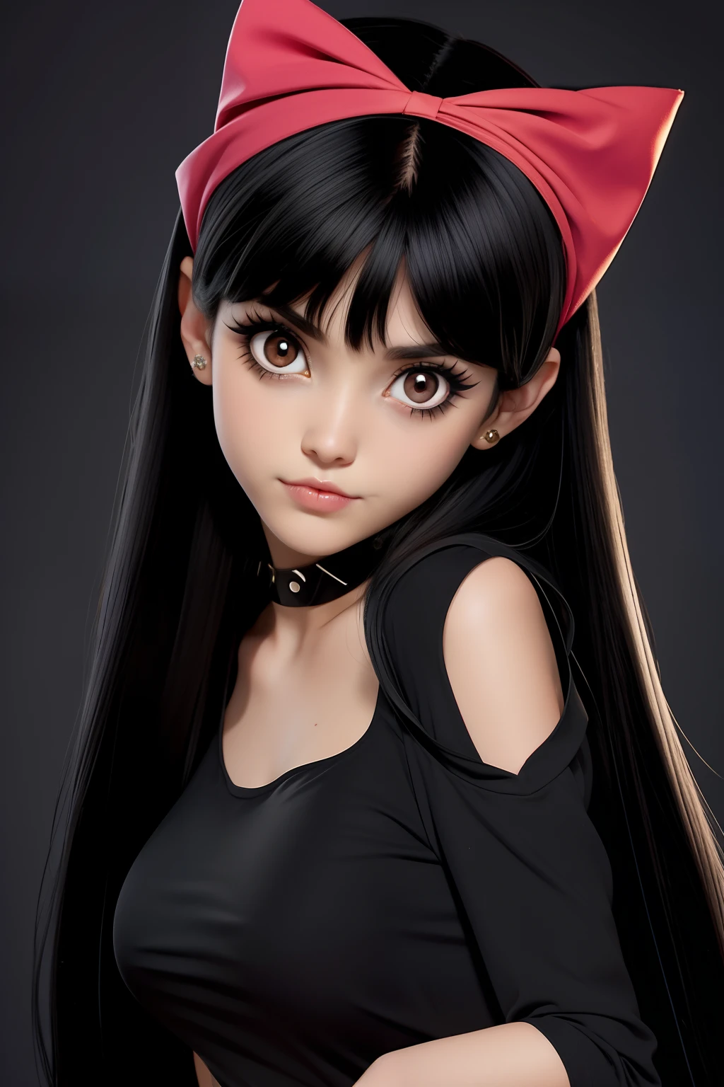 Girl in y2k Halloween costume, black long straight hair Emo Pin up Girl, slow lorises headband, Striking a pose, natural make up, skinny girl, innocent,