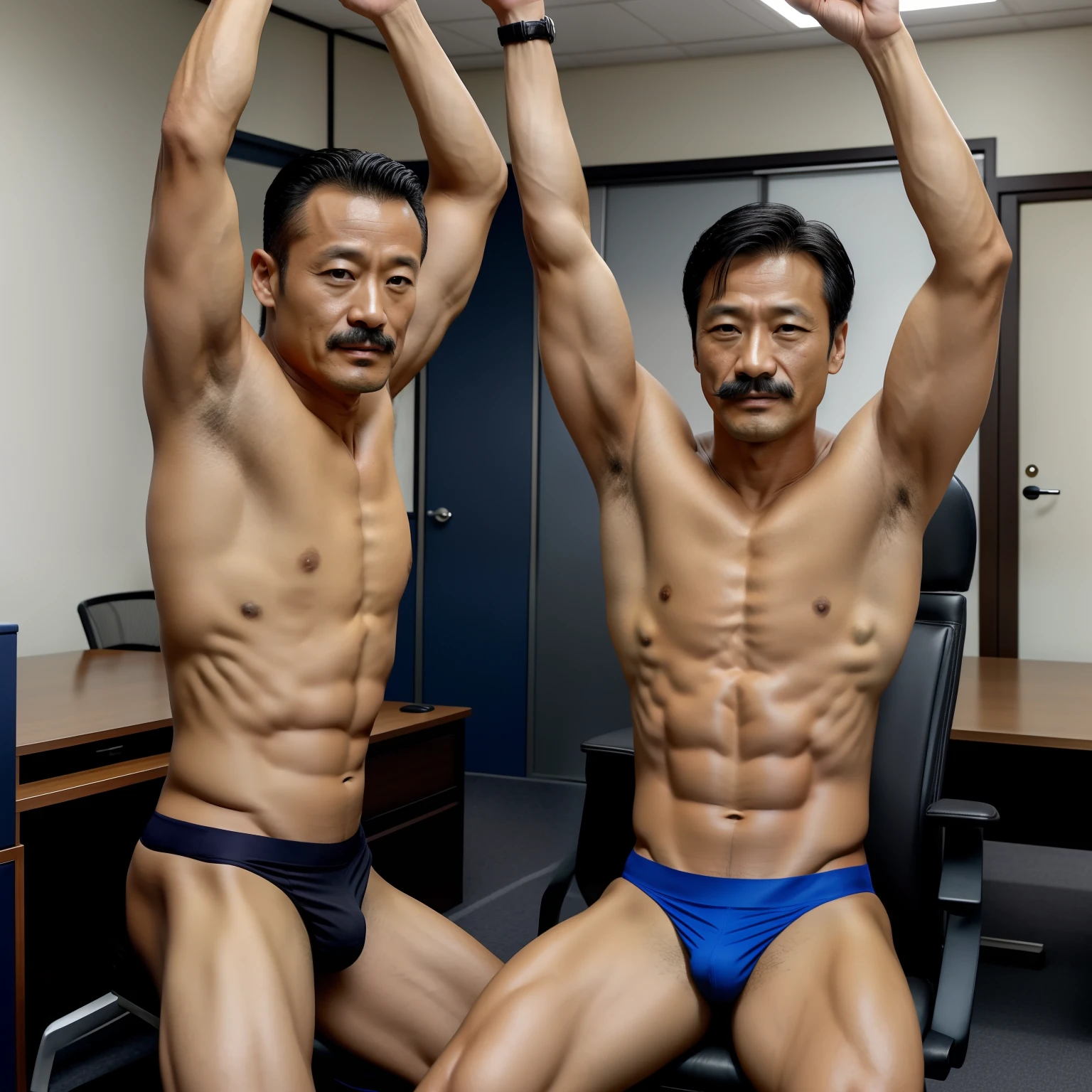 45 yers old,Hidetoshi Nakata ,(Kogoro Mouri 1.3),office room,Black socks,With a bushy mustache, Two muscular men sitting in chairs,Perfect body proportions,Strip naked,Blue skinny panties,Raise your hands high