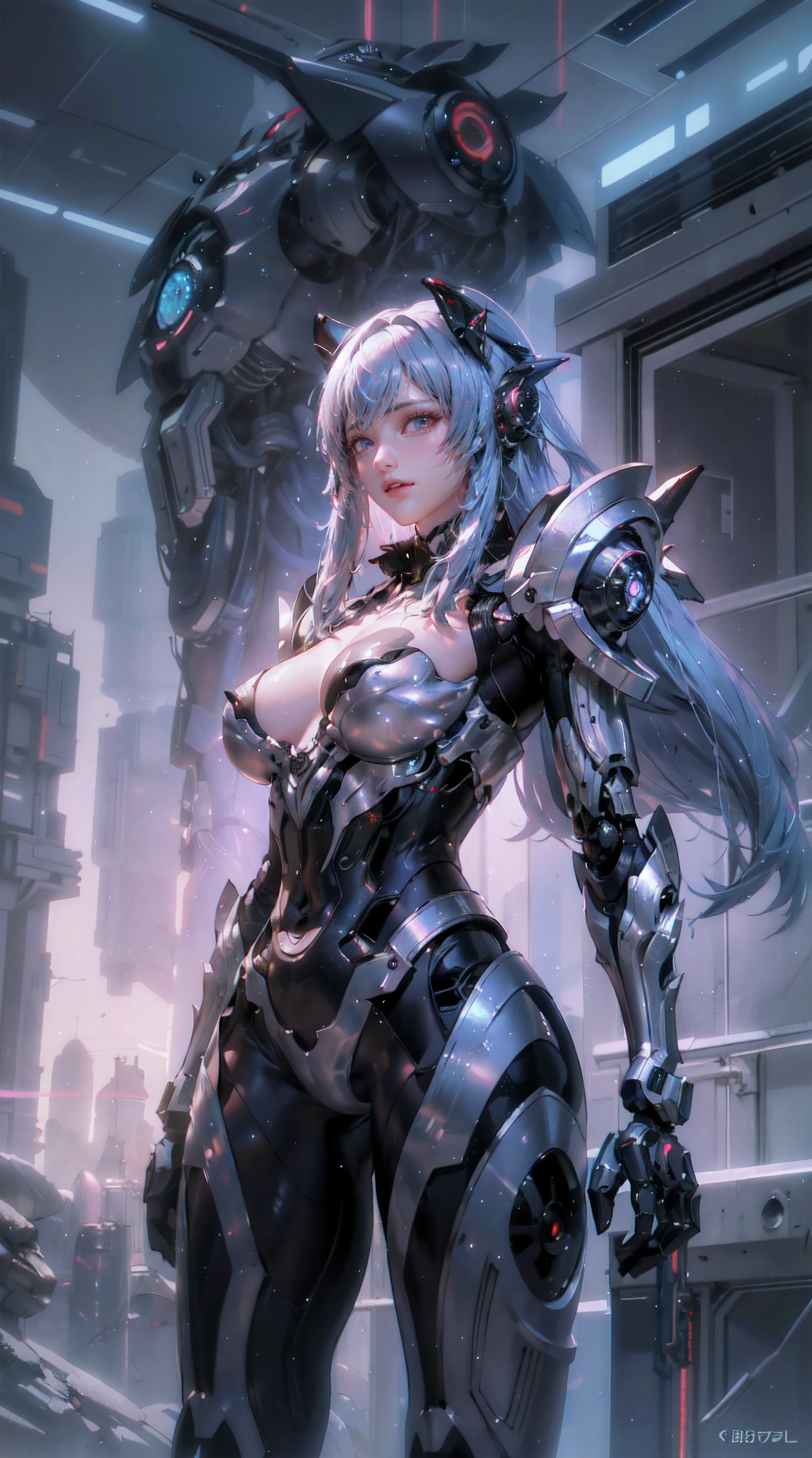 A mecha girl,metallic and futuristic,with neon lights reflecting in her shiny armor.Anime-inspired details,like large expressive eyes and spiky hair.Her face is composed of intricate machinery and advanced technology,enhancing her robotic appearance.She stands tall,with a confident and powerful pose,ready for action.The mecha girl is surrounded by a post-apocalyptic cityscape,with towering skyscrapers and flying vehicles.Additional details include smoke and sparks emitting from her thrusters,creating a dynamic and energetic atmosphere.The overall image quality is of the highest standard,with ultra-detailed rendering and vivid colors.HDR lighting highlights the metallic surfaces and creates dramatic contrasts.