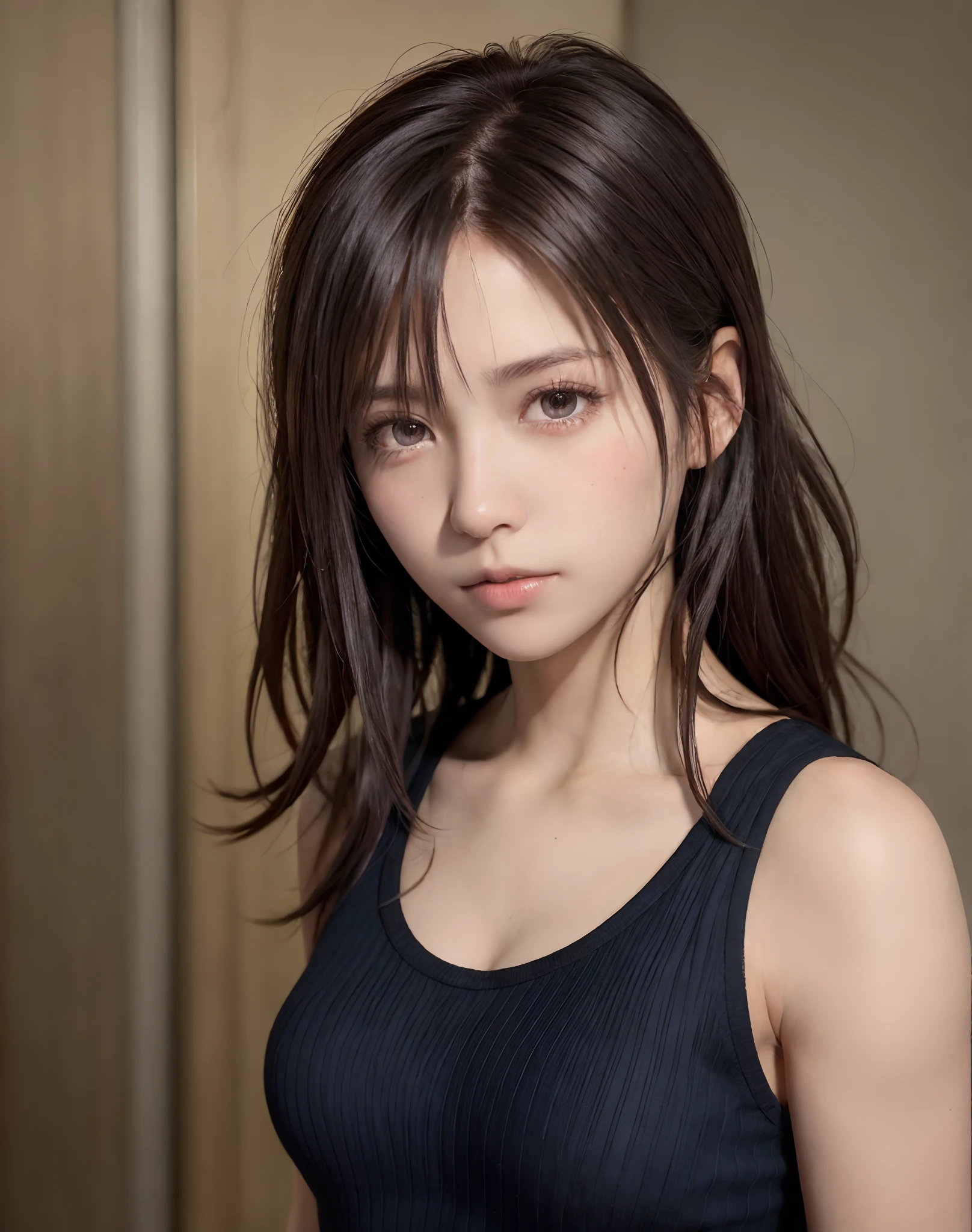 high quality picture, masutepiece, detailed hair texture, Detailed skin texture, Detailed Cloth Texture, 8K, Add fabric details, ultra detailed skin texture, ultra detailed photographic, Skin pores, Portrait of a girl, wearing tank top, Add cloth details, h...