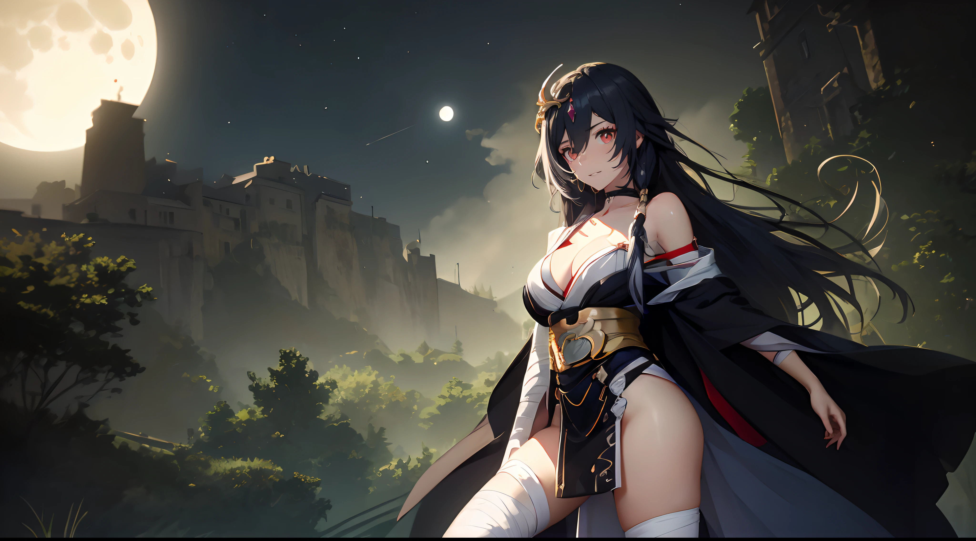 senti, silver hair, red eyes, hair ornament, long_hair, breasts, black_hair, red_eyes, solo, bandages, very_long_hair, sash, looking_at_viewer, standing, cleavage, bandaged_leg, thighhighs, bandaged_arm, hair_between_eyes, bangs, medium_breasts, lips, white_legwear, parted_lips, large_breasts, groin, moon, thighs, cowboy_shot, obi, full_moon, makeup, japanese_clothes, outdoors, vampire