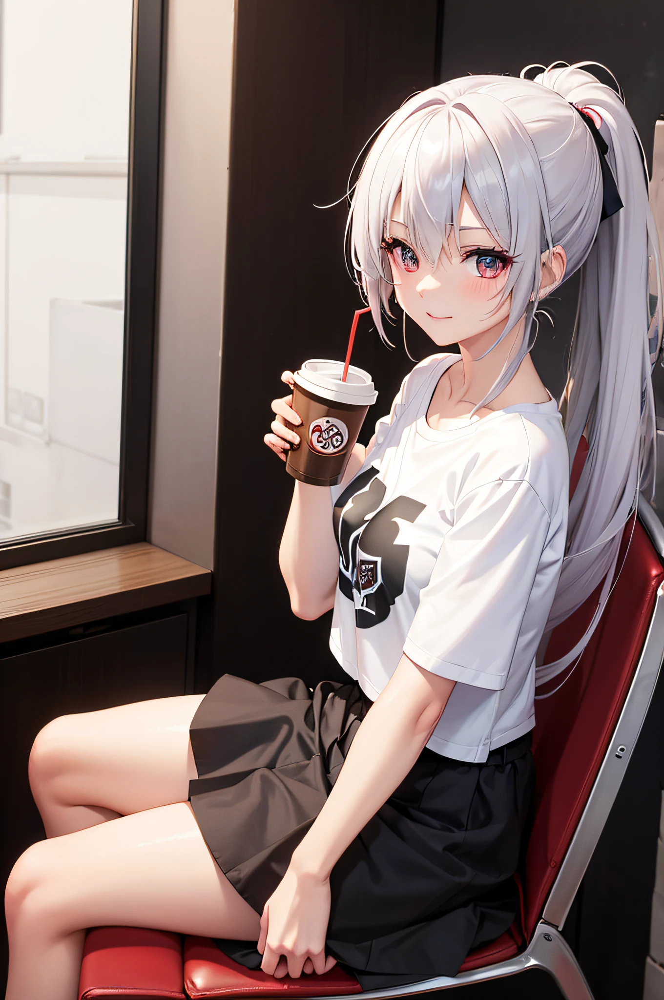 anime girl, long sliver streaked hair, ponytail, bloodshot eyes, slight smile, blush, street-wear t-shirt with logo on it, high fashion skirt, in a cafe, sitting on chair, drinking her coffee, lights, people, stools, tables, windows, chairs, digital art, inspired by Sasucchi95, digital illustration, extreme detail, ultra hd, (8k resolution), vivid, vibrant, Unreal Engine 5