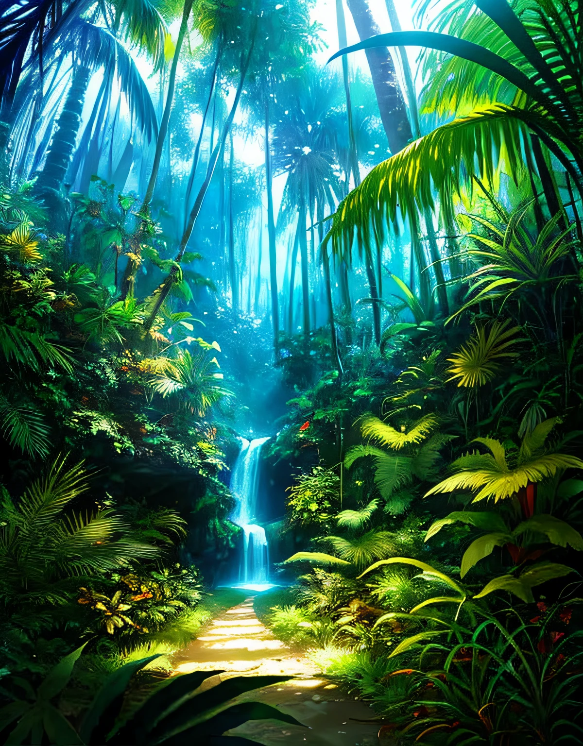 a magic woman,Tropical jungle and ruins complex bacground,multicolor magic soft body particls animation cluster effect,ambient light,closeup,by Artist Shiro Amano,