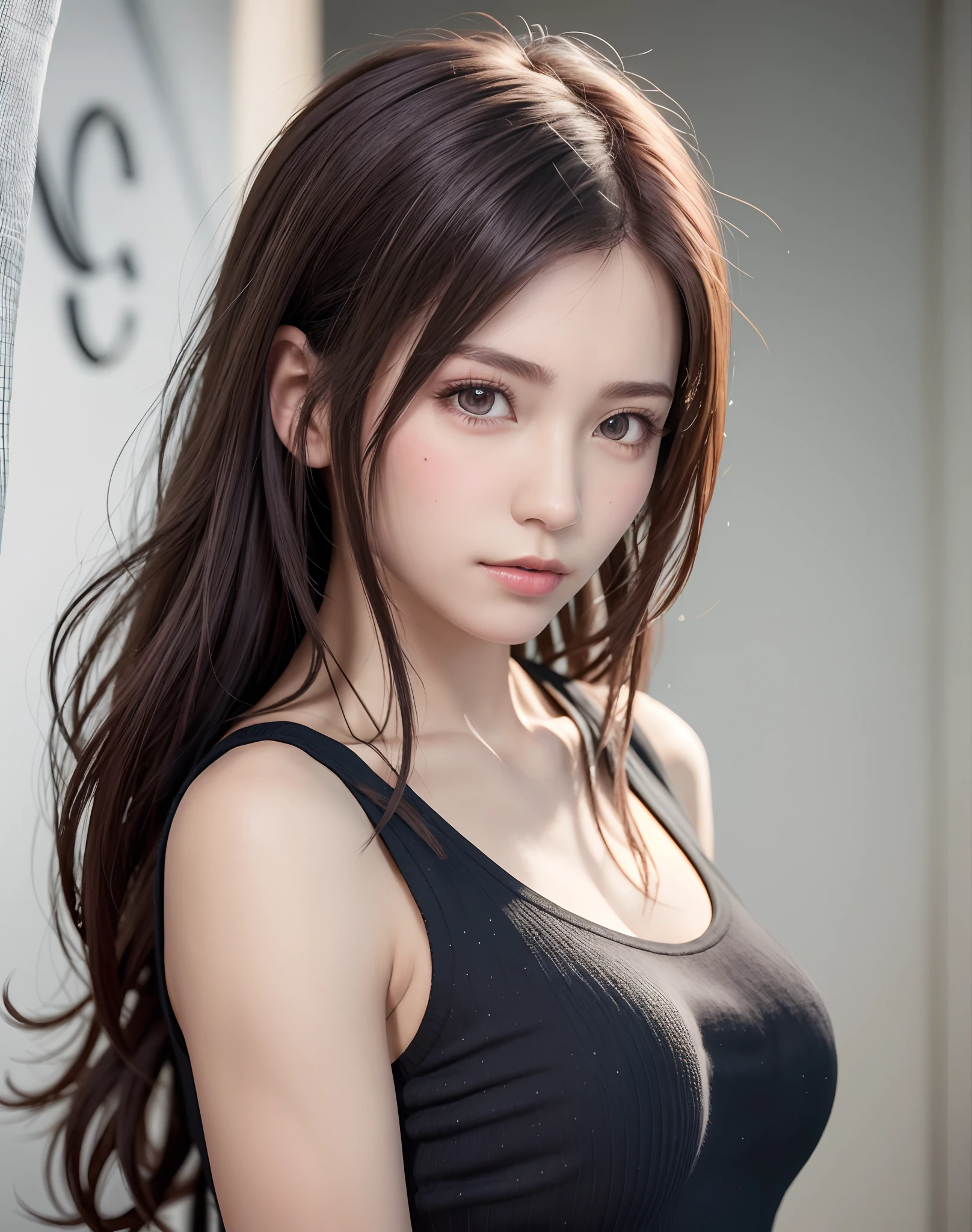 high quality picture, masutepiece, detailed hair texture, Detailed skin texture, Detailed Cloth Texture, 8K, Add fabric details, ultra detailed skin texture, ultra detailed photographic, Skin pores, Portrait of a girl, wearing tank top, Add cloth details, h...