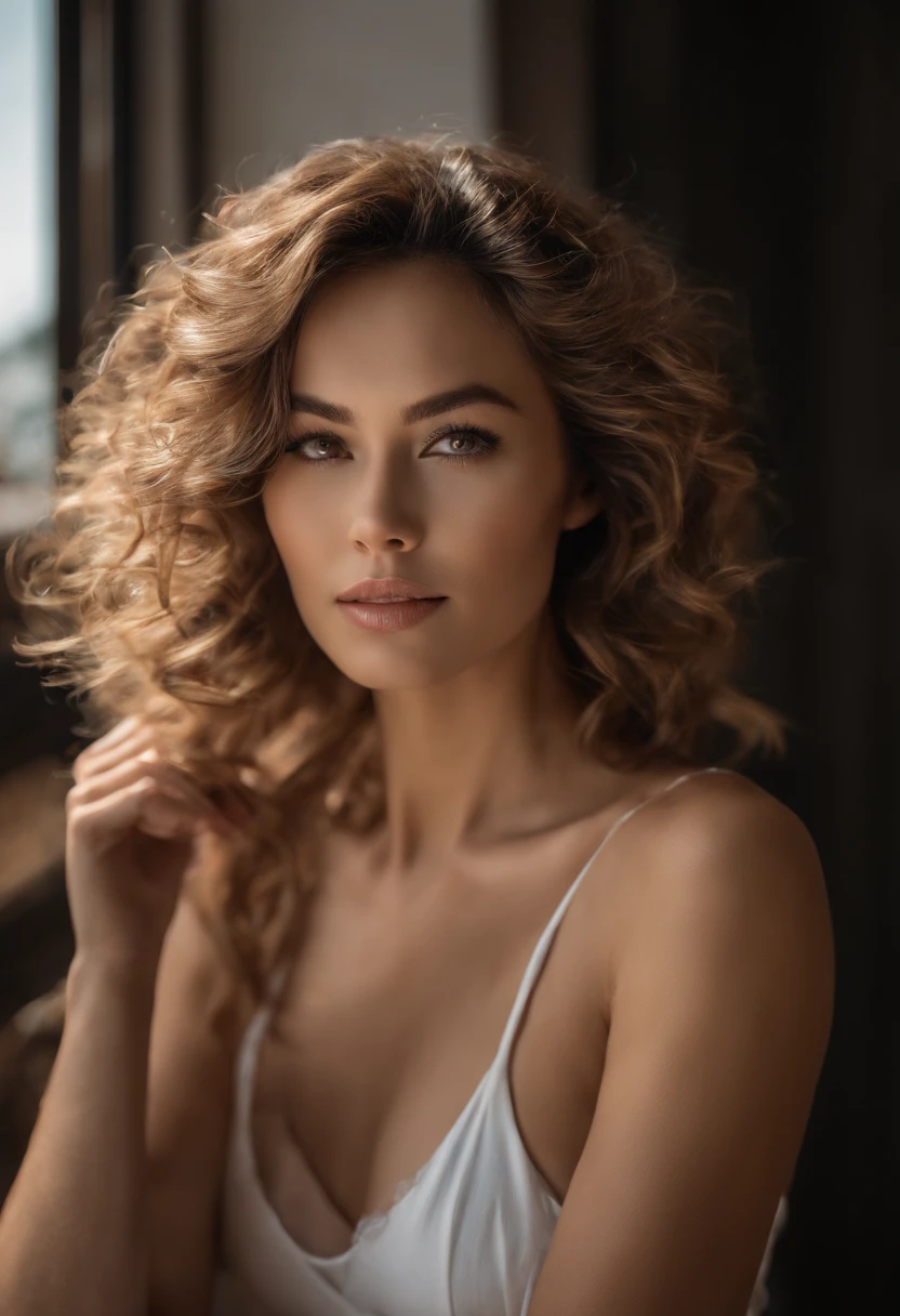 Asiatique, beau, Mince, mignon, 101, beau visage, belle peau, actrice, mature, Haut du corps, cheveux brun clair, Cheveux fins, Action en direct, Masterpiece, Best quality, Very elaborate CG Unity 8K wallpaper, ultra high def, Casual fashion, lighting, Summer fashion, (cheveux bruns naturels: 0.8), (puffy eyes), Regarder le public, Tourne-toi, Cheveux blanchis, model pose, fond blanc, Delicate skin type, light curly hair, mains autour de la bouche, T-shirt blanc, Photo of the hair model video