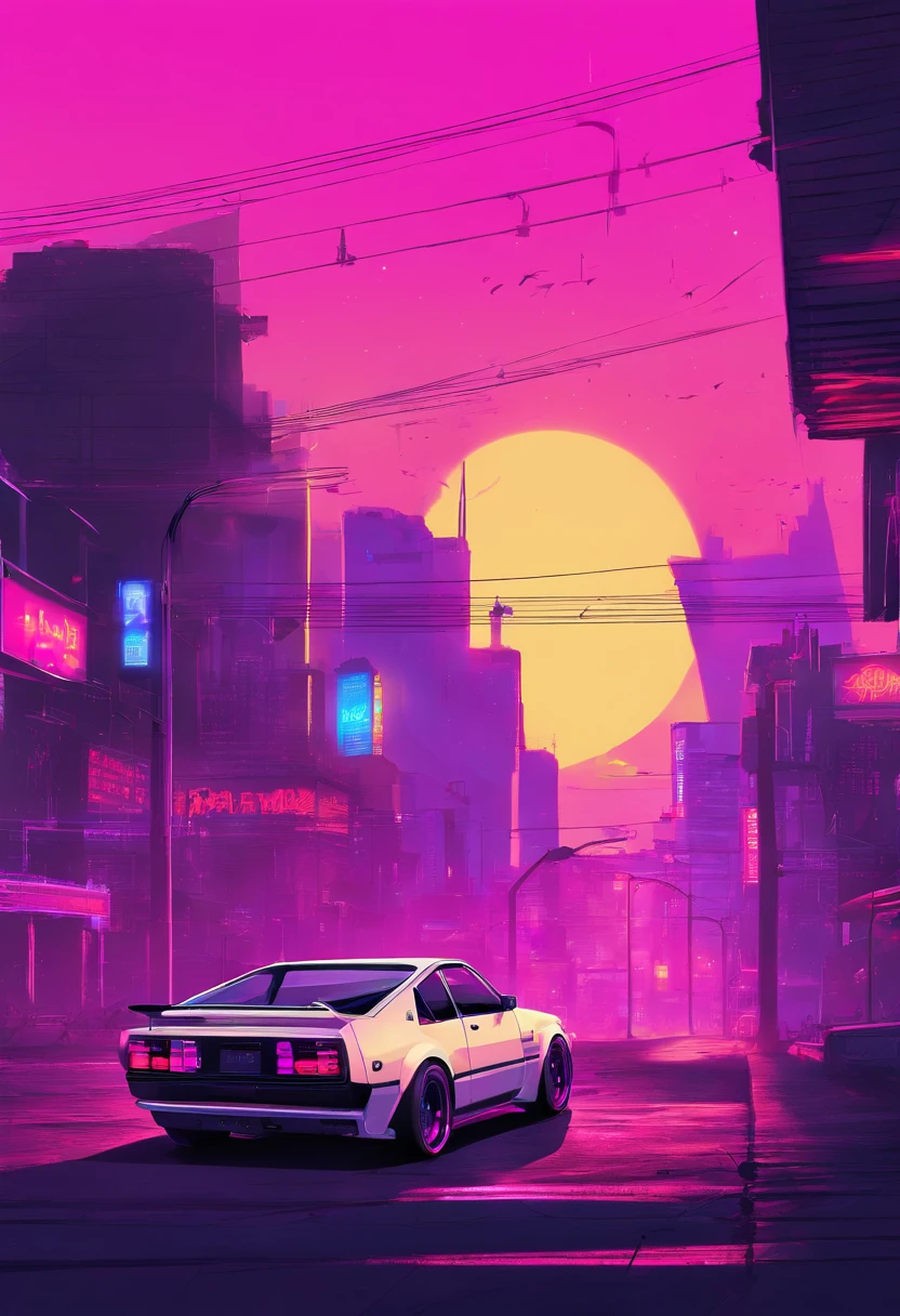 retrowave. city, 1969 Nissan S30, wide body kit, road, purple neon lights, sun, mountain, (masterpiece,detailed,highres),