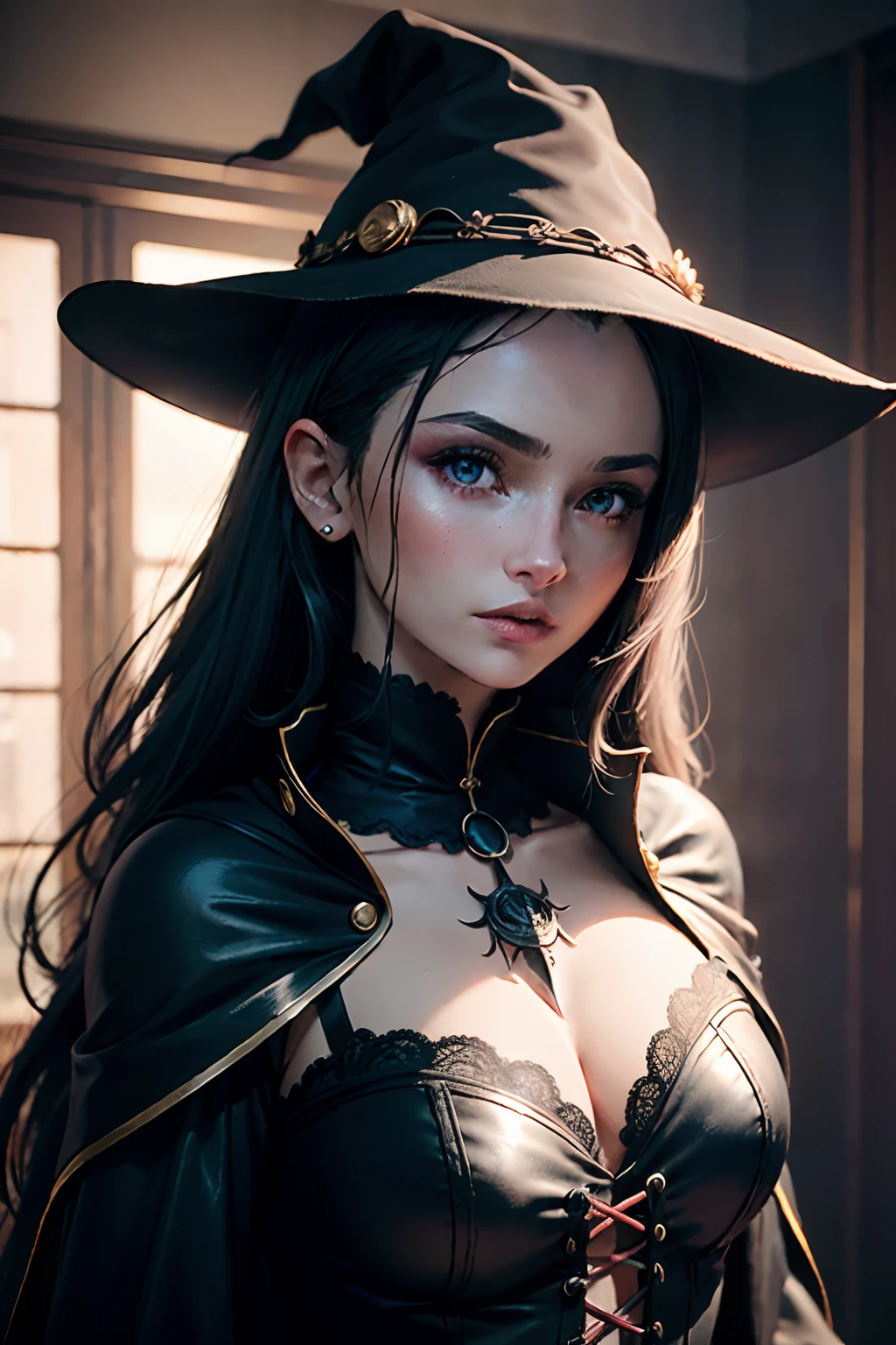 A  girl, witchy, mage, sorceress, Black Cat,pretty eyes, Bloody Unreal Engine 5, Cinematic, color corrected, portrait photography, super-wide-angle lens, Depth of field, hyper-detailed, beautifully color-coded, insane details, intricate details, beautifully color-graded, Unreal engine, Cinematic , color corrected, editorial photograph , photografic, photoshooting, Shot on 70mm lens, Depth of field, Depth of field, Tilt Blur, Shutter speed 1/1000, f/22