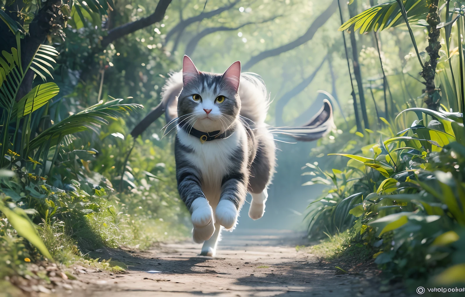 A crazy Angora cat running after a beautiful colored flying fish on the wet forest path full of ornamental plants and flowers, blue sky with beautiful voluminous clouds, tropical forest background, highly detailed, octane render, 16K -- ar 3:2 --auto --s2