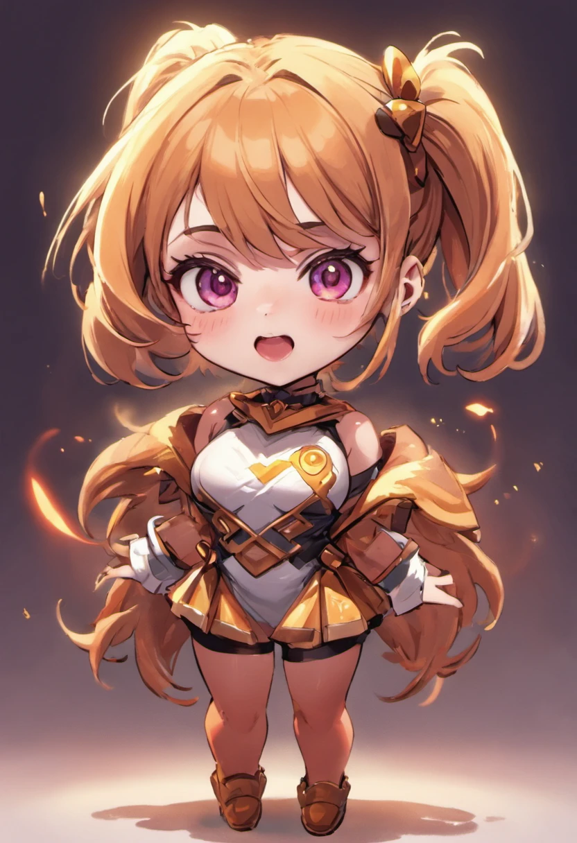 The character is an adorable smart girl in the style of Chibi Pixar, with a charming appearance. she's facing the viewer, mostrando seu rosto e suas orelhas. Ela tem cabelos castanhos curtos e cheios de volume, com algumas mechas caindo graciosamente sobre sua testa. Your ears are visible and are proportional to your face, Adding a lovely touch to your look. His large, expressive eyes are the highlight of his face. They shine with curiosity and intelligence, transmitindo sua personalidade encantadora. Ela tem sobrancelhas finas e arqueadas, acrescentando charme ao seu rosto. His nose is small and delicate, complementing your cute appearance. Com um sorriso doce e caloroso, ela irradia bondade e simpatia. Suas bochechas levemente coradas adicionam um toque de jovialidade ao seu visual. No corpo, she wears a white T-shirt with the name "Maria Iris" written in a friendly and fun font. A camiseta se encaixa perfeitamente em seu corpo, mostrando sua figura esbelta.