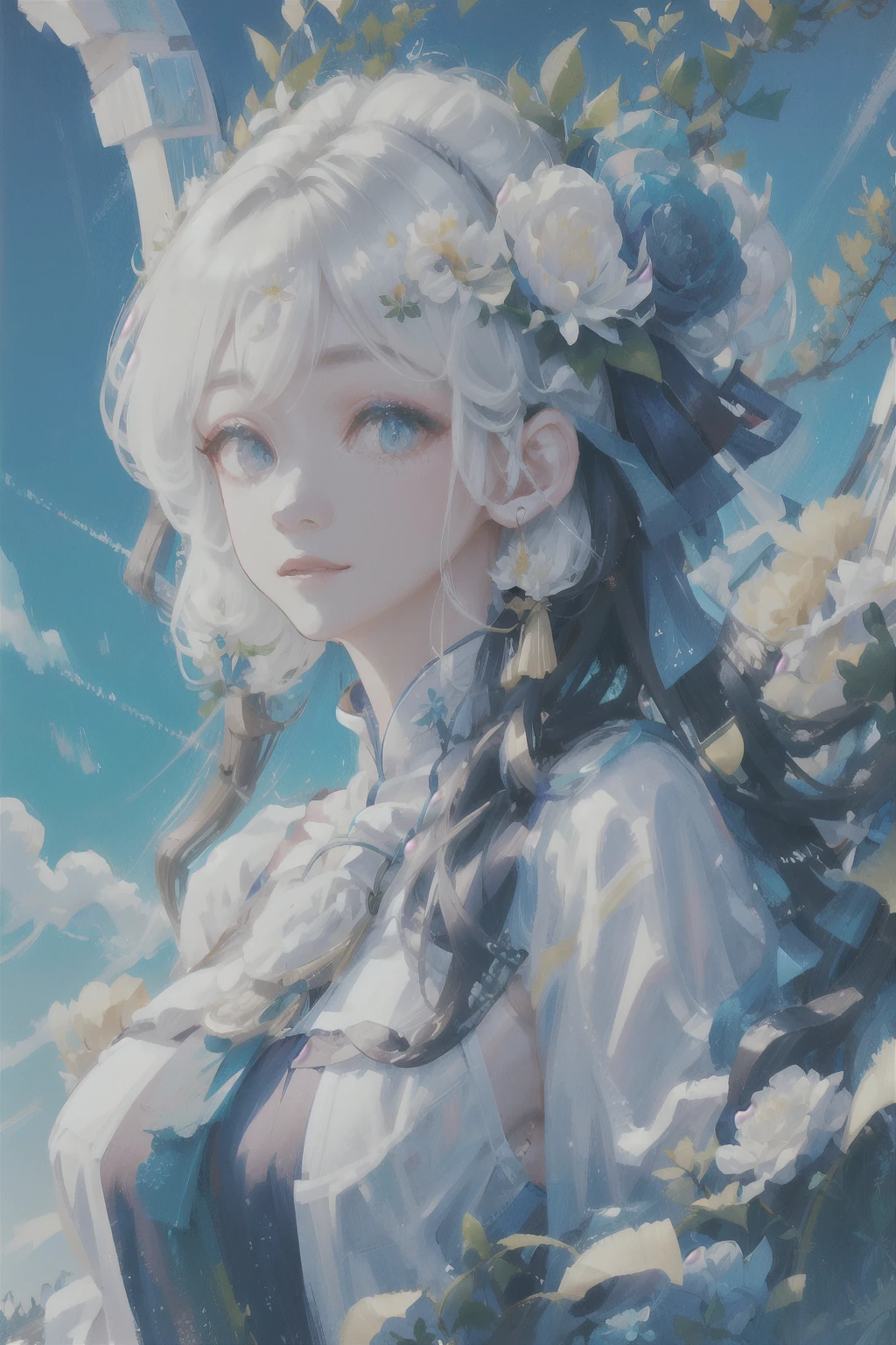 one-girl，There is a white flower on the head，Blue-white hair，white  clothes，blue-sky