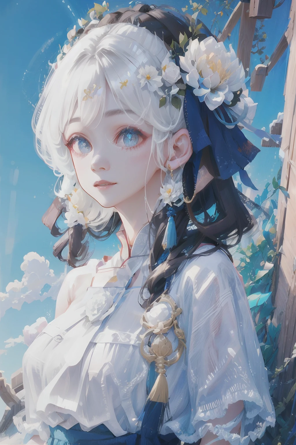 one-girl，There is a white flower on the head，Blue-white hair，white  clothes，blue-sky