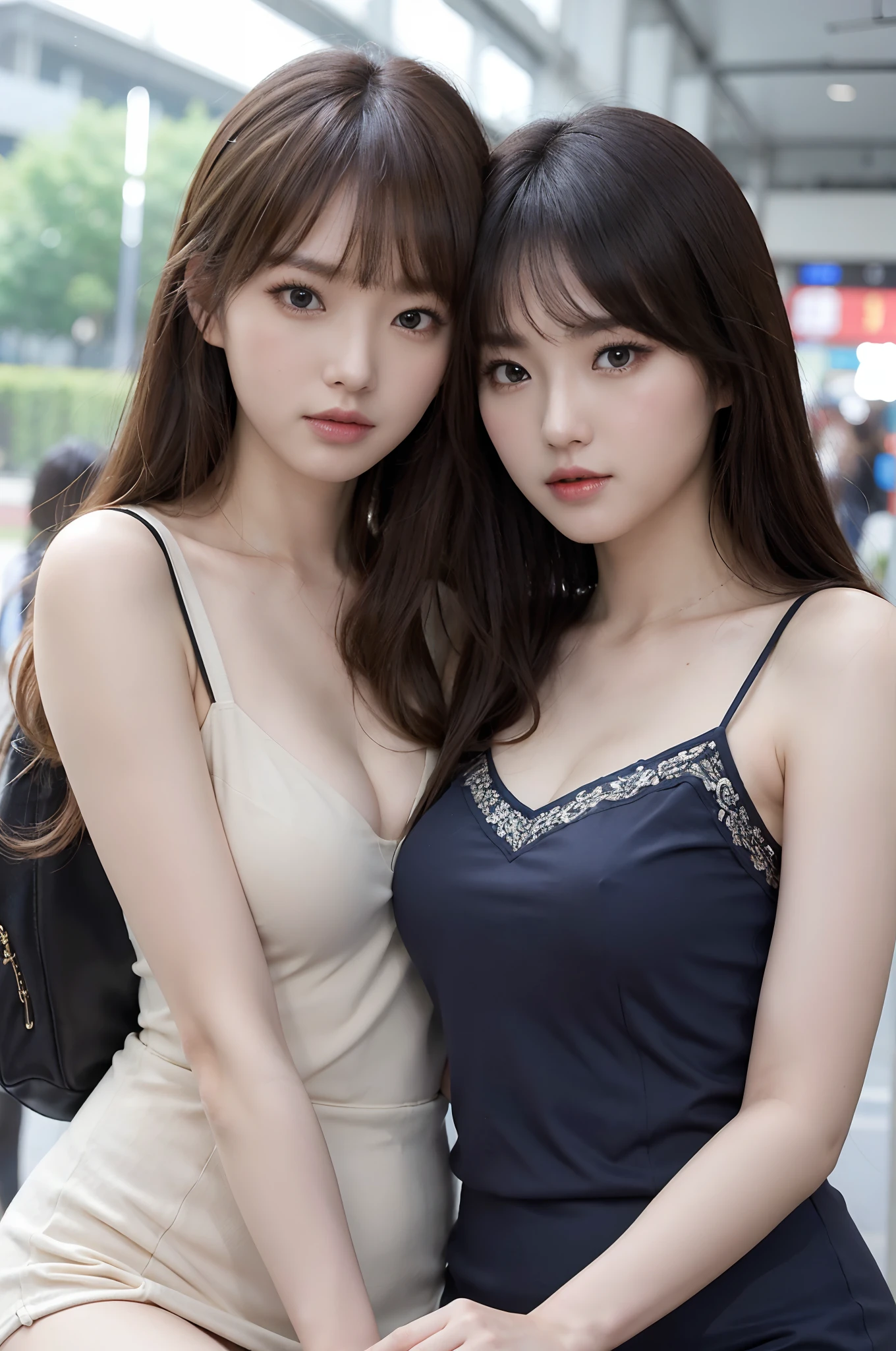 (Two Chinese stars with the style of royal sisters,duo),(couple cuddling), ((Best quality, 8K, Masterpiece: 1.3)), Focus: 1.2, Perfect body beauty: 1.4 , (funny expression), (railway station: 1.3), Highly detailed face and skin texture, Fine eyes, Double eyelids, Whitens the skin, bare legs,(Air bangs: 1.3), (face round: 1.5), (Thin strap top: 1.4),