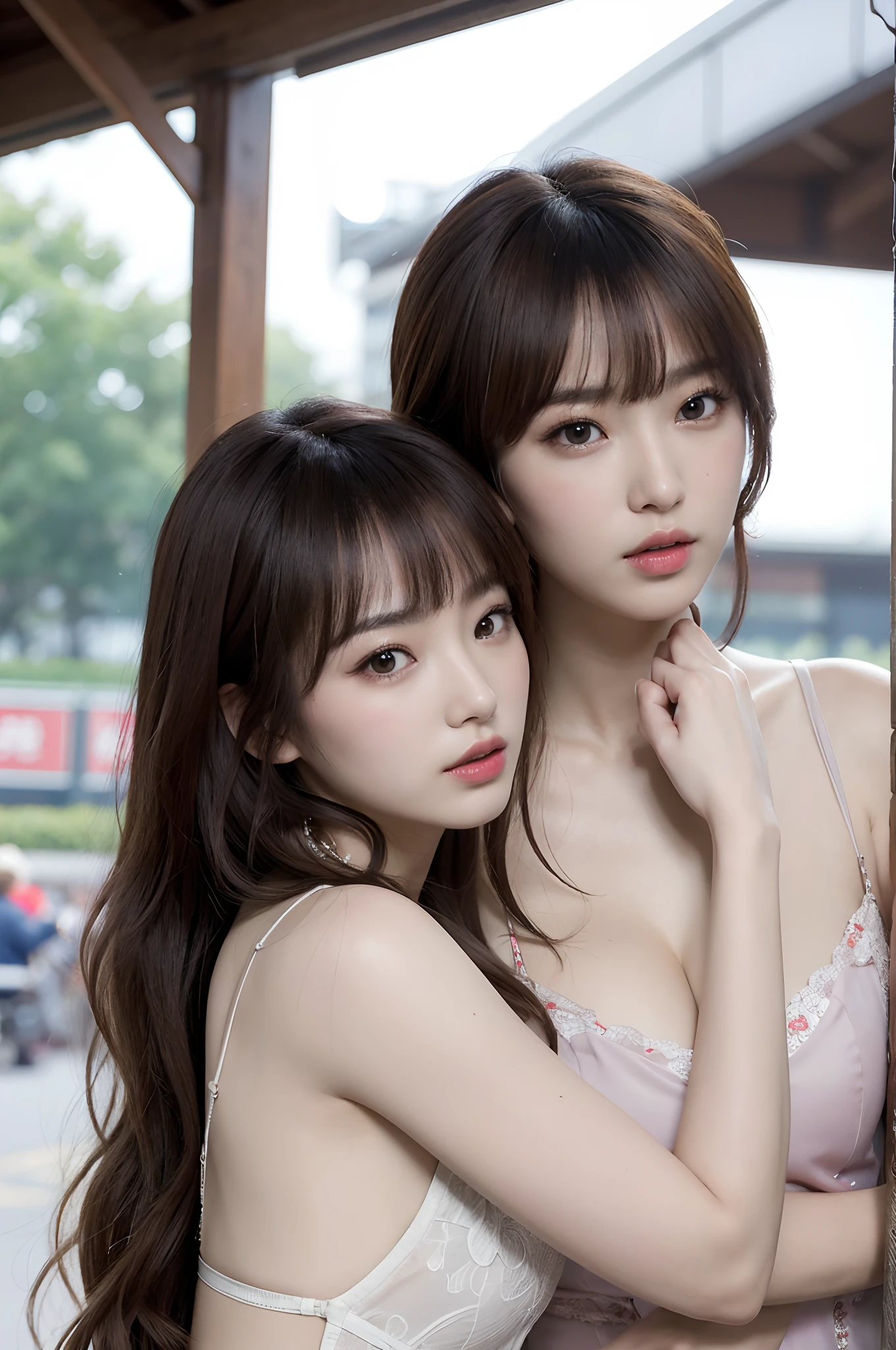 (Two Chinese stars with the style of royal sisters,duo),(couple cuddling), ((Best quality, 8K, Masterpiece: 1.3)), Focus: 1.2, Perfect body beauty: 1.4 , (funny expression), (railway station: 1.3), Highly detailed face and skin texture, Fine eyes, Double eyelids, Whitens the skin, bare legs,(Air bangs: 1.3), (face round: 1.5), (Thin strap top: 1.4),
