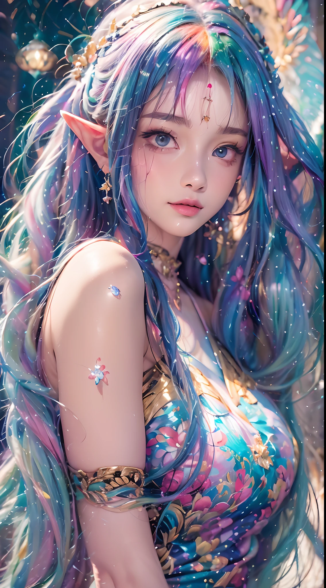 ( Absurd, High quality, Ultra-detailed, Masterpiece, concept-art, smooth, high detail artwork, Hyper-realistic painting , high resolution, paint splatter, colored splashing, Splash of Ink, colored splashing), (( Rainbow hair)),elf, Plum elf, plum , Transparent fairy wings, wearing only his underwear，huge tit，low chest，fairytale-like, Romantic, Vivid, Whole body,hand behind back，Malu，largeeyes，（Eye focus），Cosmic eyes，Space eyes，In nature with waterfalls，pureerosface_v1，ulzzang-6500-v1.1，