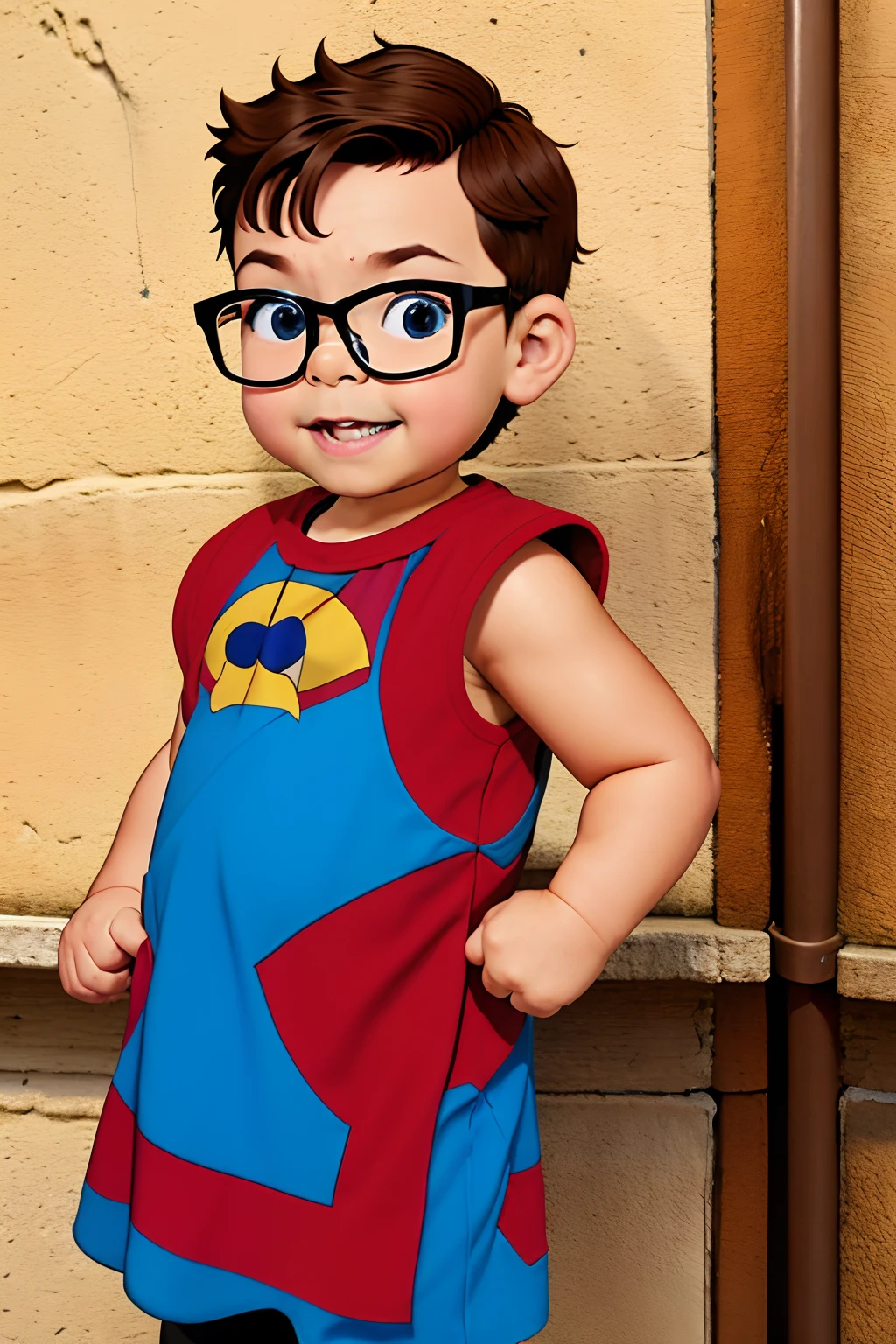 Estilo: Cartoon. a 3--old wearing glasses, vestido com um terno do Homem de Ferro da Marvel. sem antecedentes, contornos pretos, brilhante e colorido.